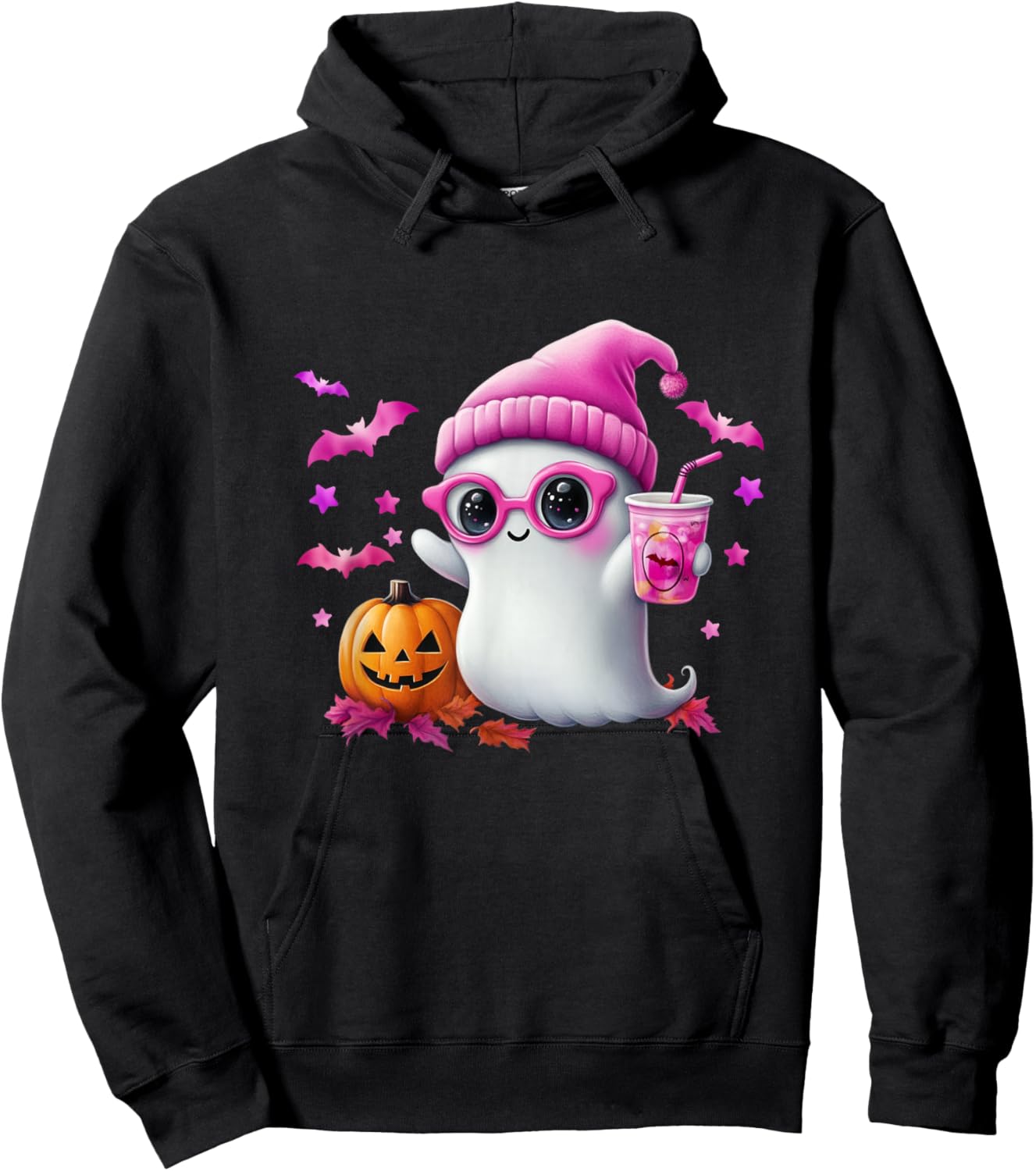 Cute Pink Ghost Halloween - Funny Retro Ghost with Hoodie - Hoodie | Black