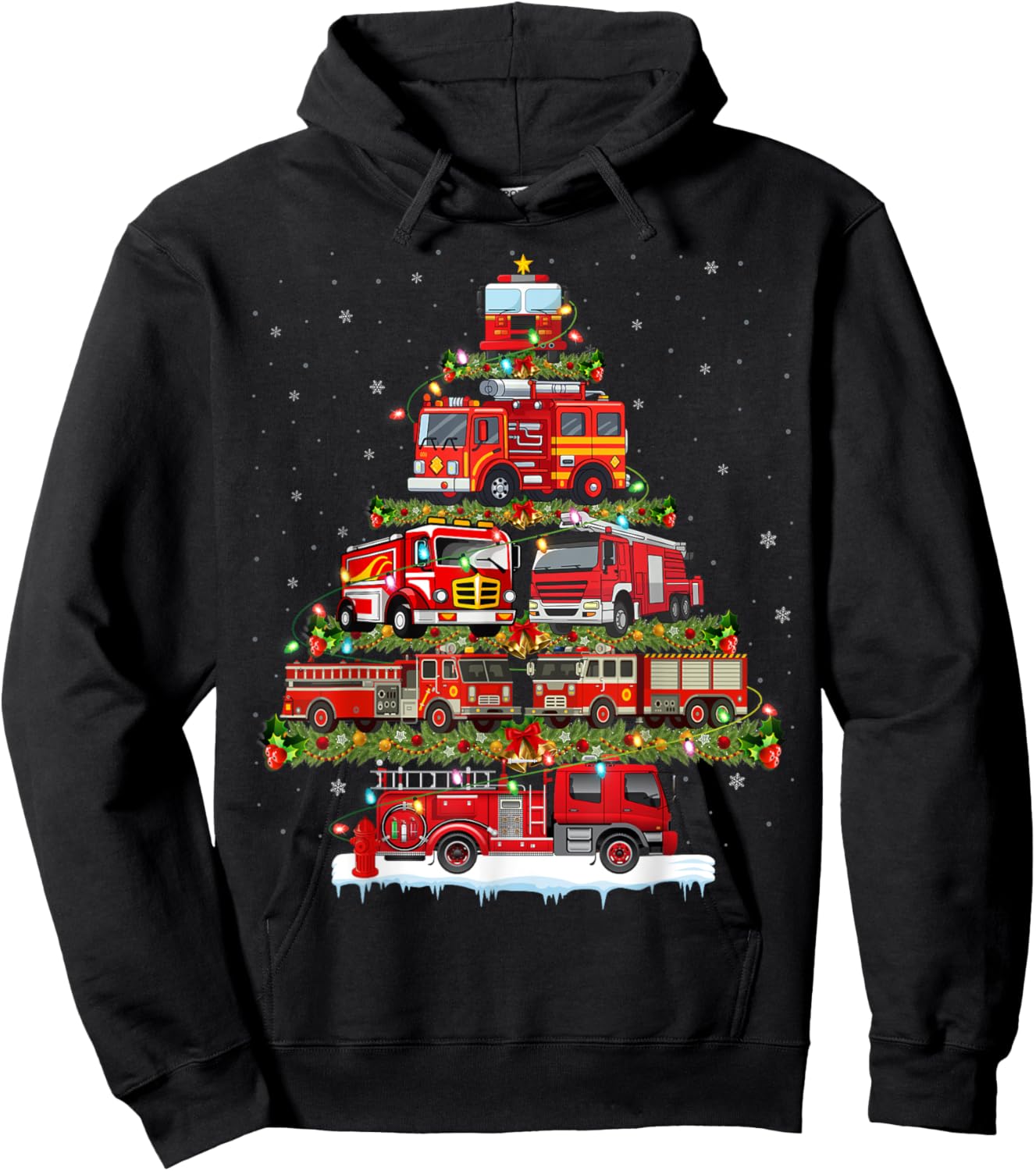 Fire Truck Xmas Lights Firefighter Fire Truck Christmas Tree Hoodie - Hoodie | Black