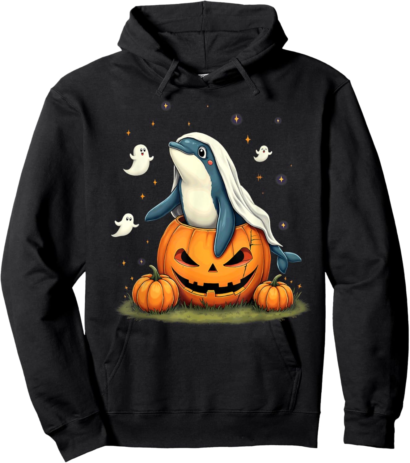 Pumpkin Boo Ghost Orca Whale Halloween Costume Hoodie - Hoodie | Black