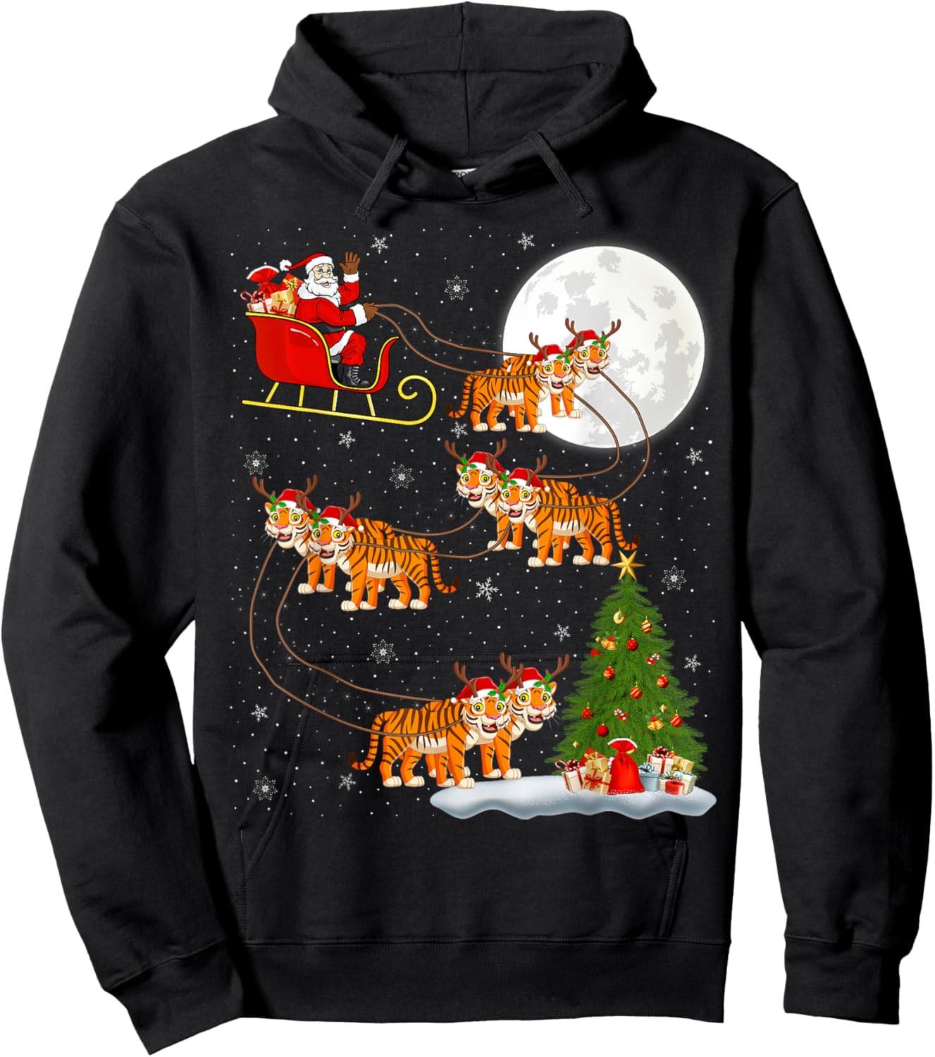 Xmas Tree Lights Funny Santa Riding Tiger Christmas Hoodie - Hoodie | Black