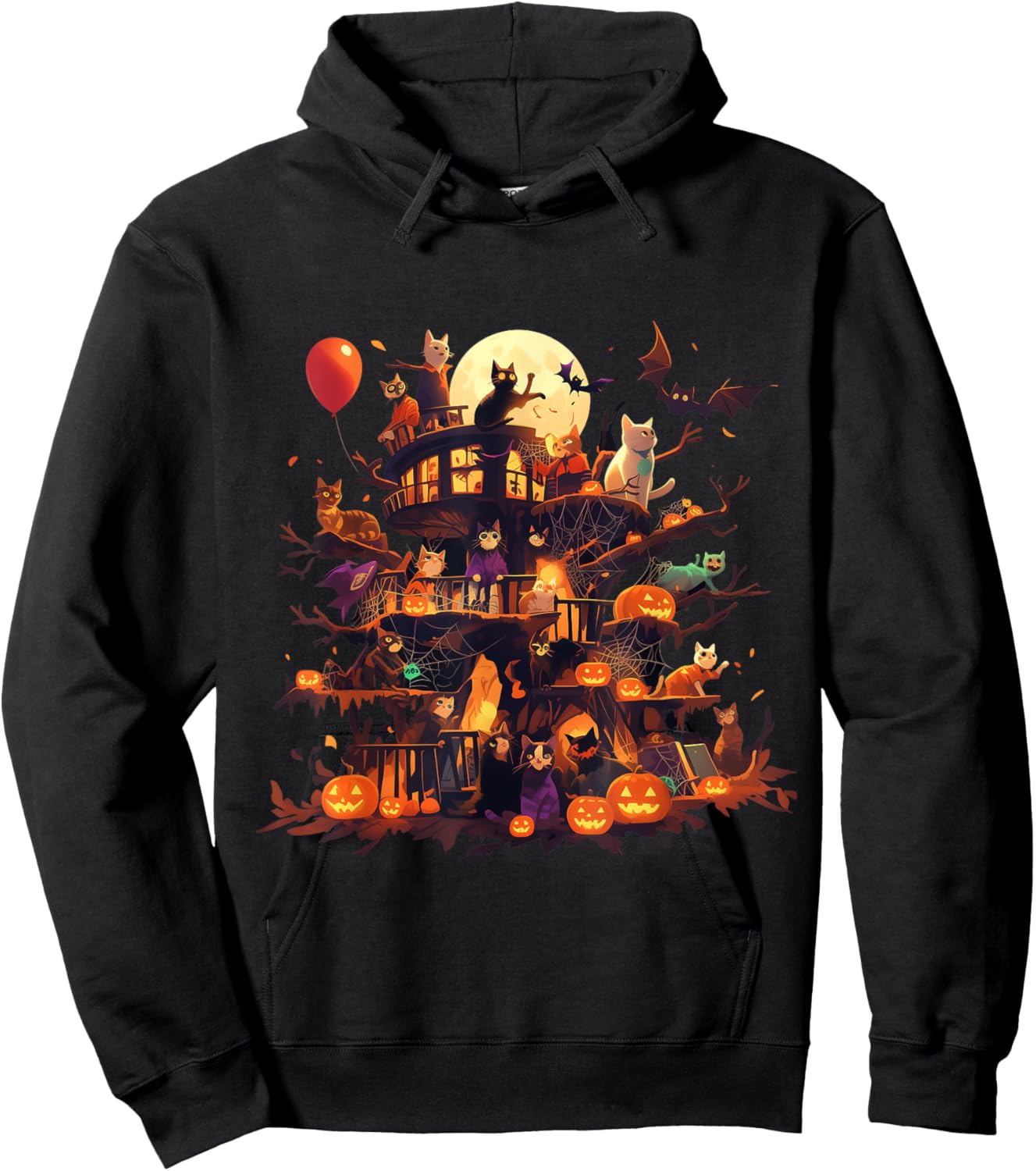 Cat Pumpkin Haunted House Horror Halloween Gifts Women Kids Hoodie - Hoodie | Black