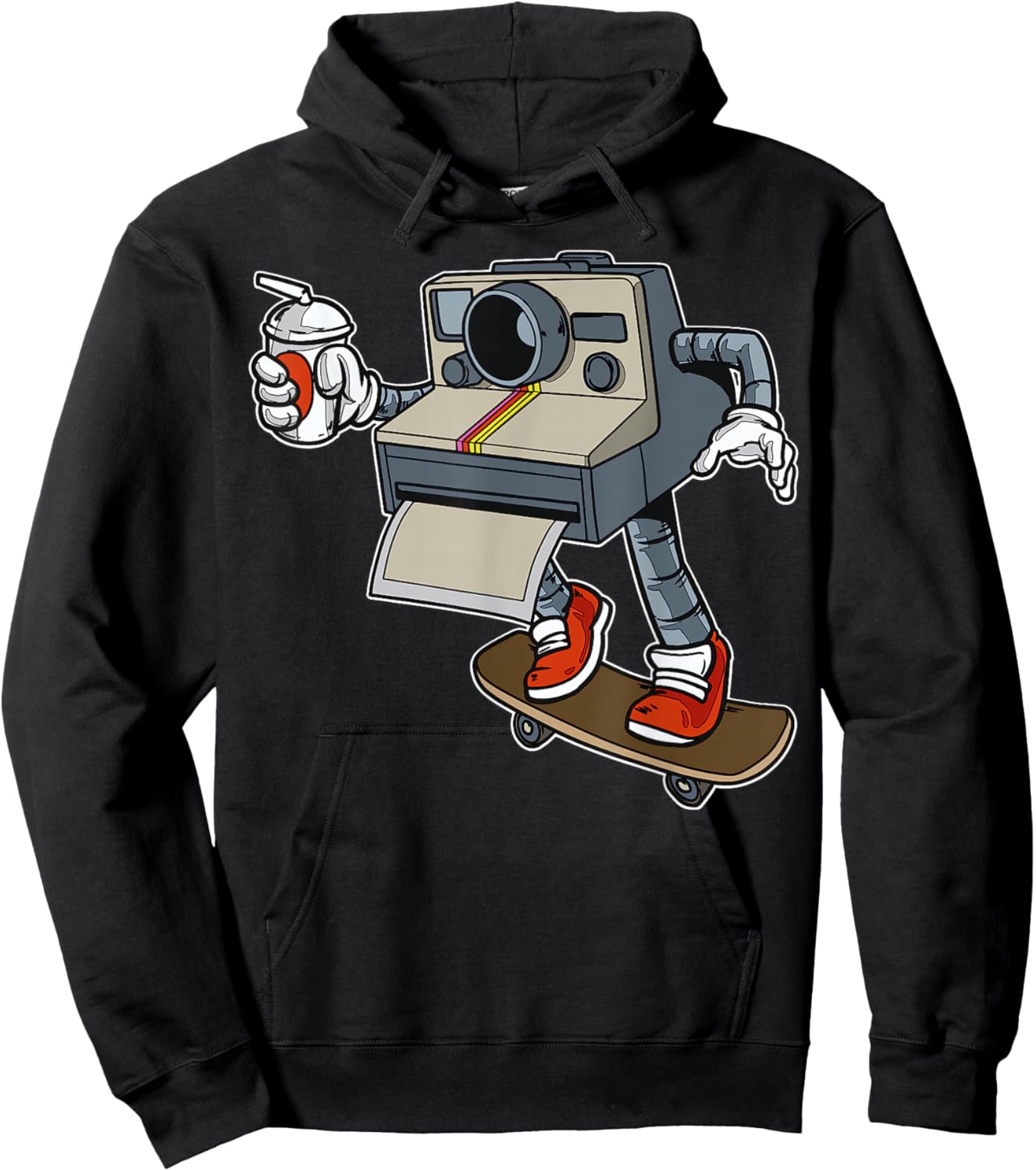 Cartoon Camera On Skateboard Playful Retro Character Hoodie - Hoodie | Black