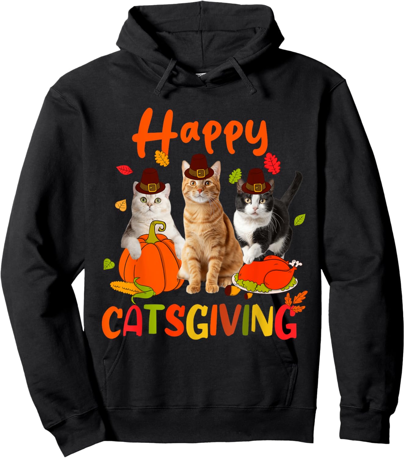 Happy Catsgiving Thanksgiving Kitten Cat Wears Pilgrim Hat Hoodie - Hoodie | Black