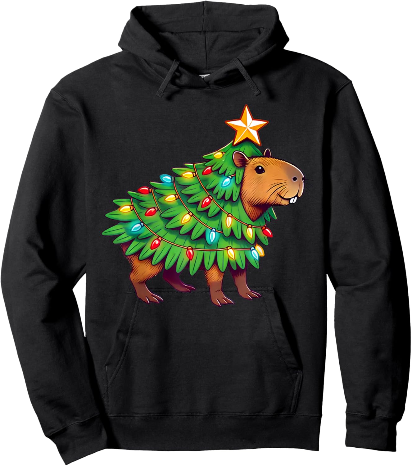 Capybara Christmas & Capypara Gifts -Adult Christmas Black Small Modern Capybara Print Round Collar Short Sleeve Hoodie - Hoodie | Black