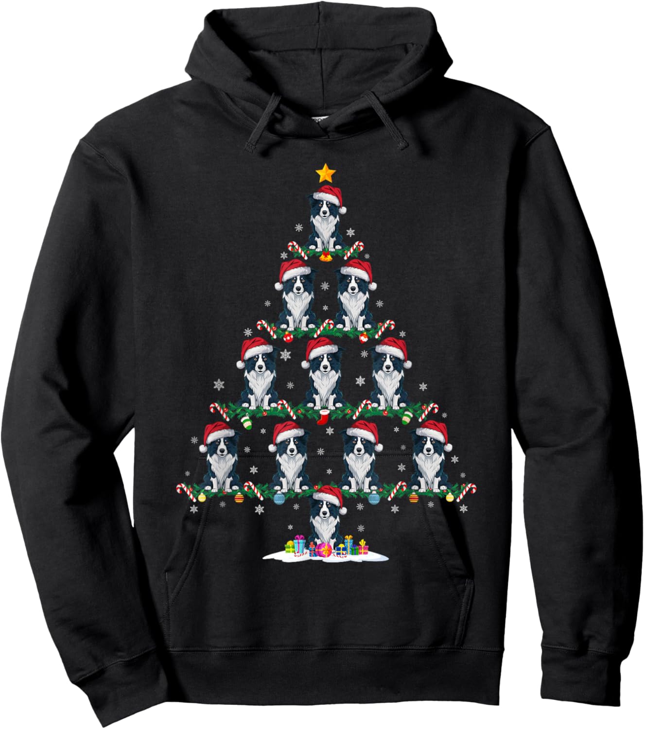 Border Collie Dog Christmas Tree Pajama Men Women Kids Ugly Hoodie - Hoodie | Black