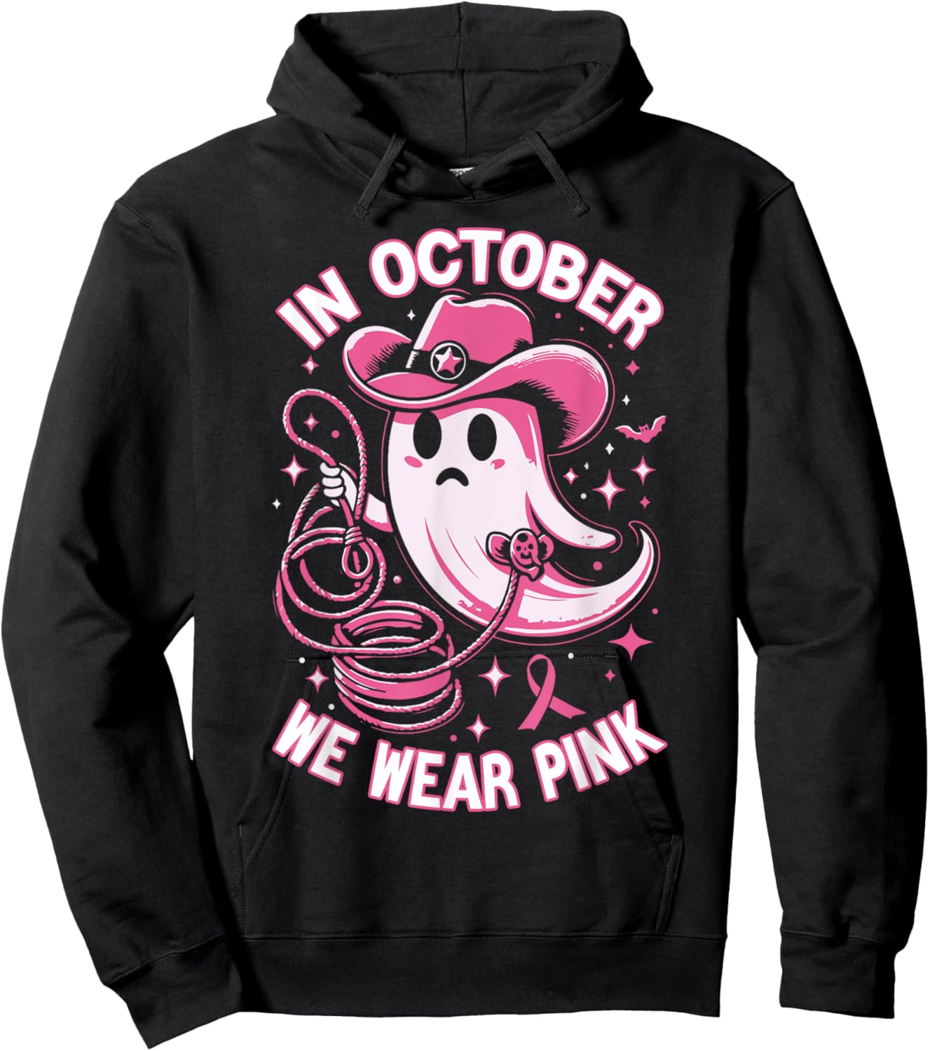 In October We Wear Pink Cowboy Ghost Halloween Breast Cancer Hoodie - Hoodie | Black