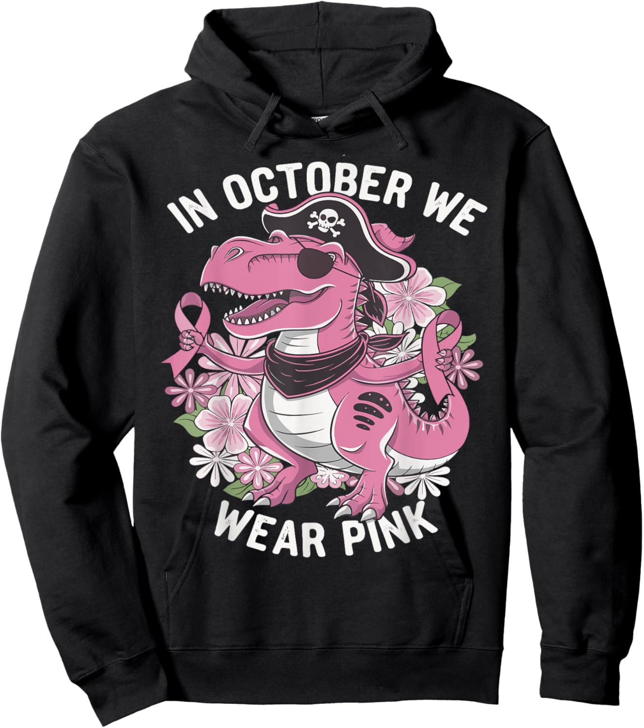 In October We Wear Pink Dinosaur Pirate Breast Cancer Hoodie - Hoodie | Black