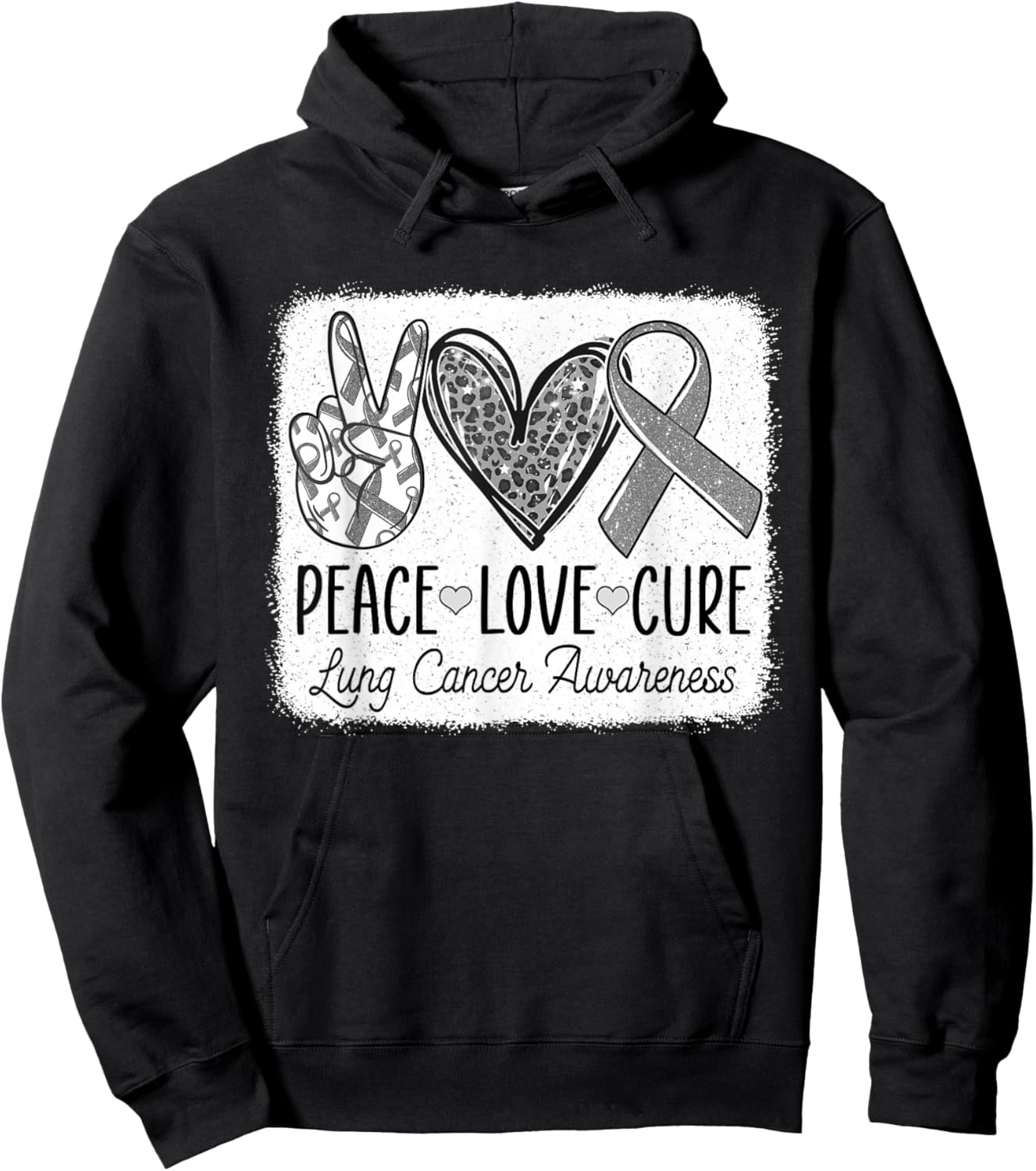 Lung Cancer Awareness Peace Love Cure White Ribbon Hoodie - Hoodie | Black