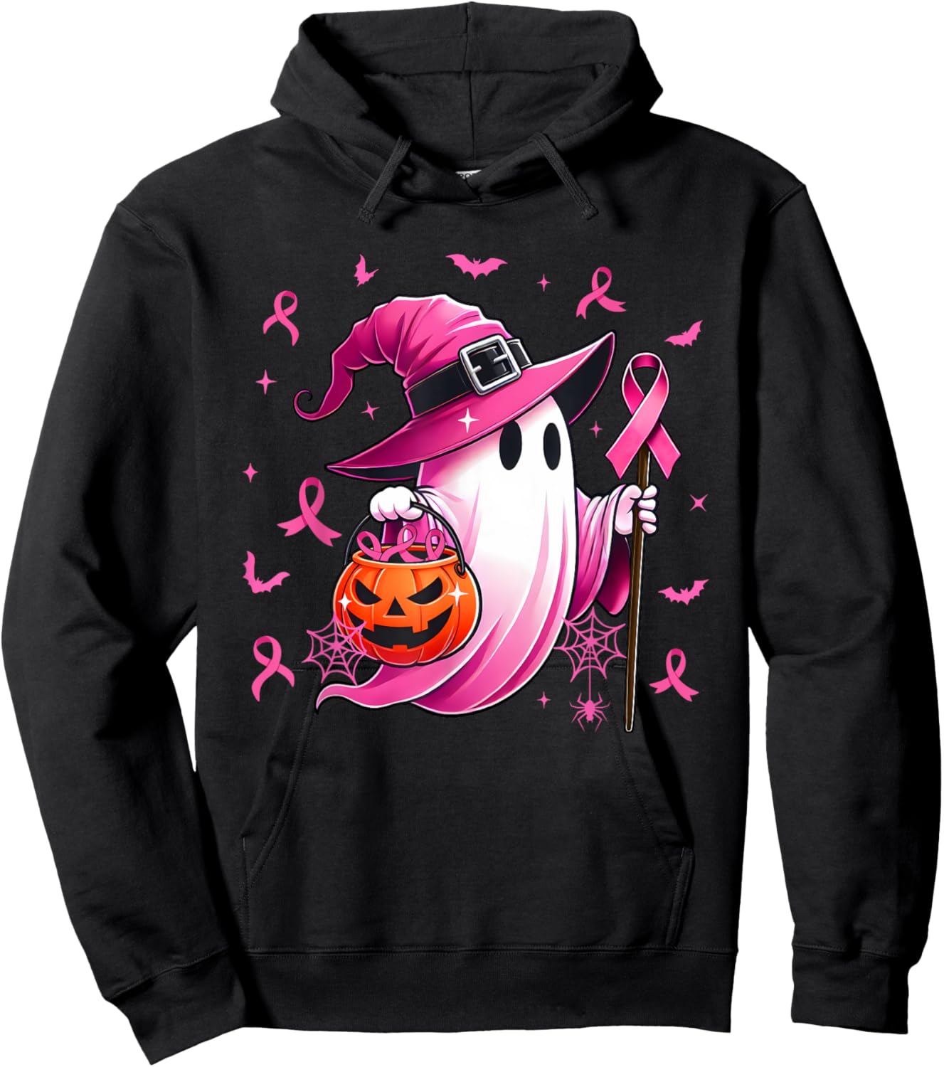 Halloween Pink Ghost Witch Breast Cancer Awareness Women Hoodie - Hoodie | Black