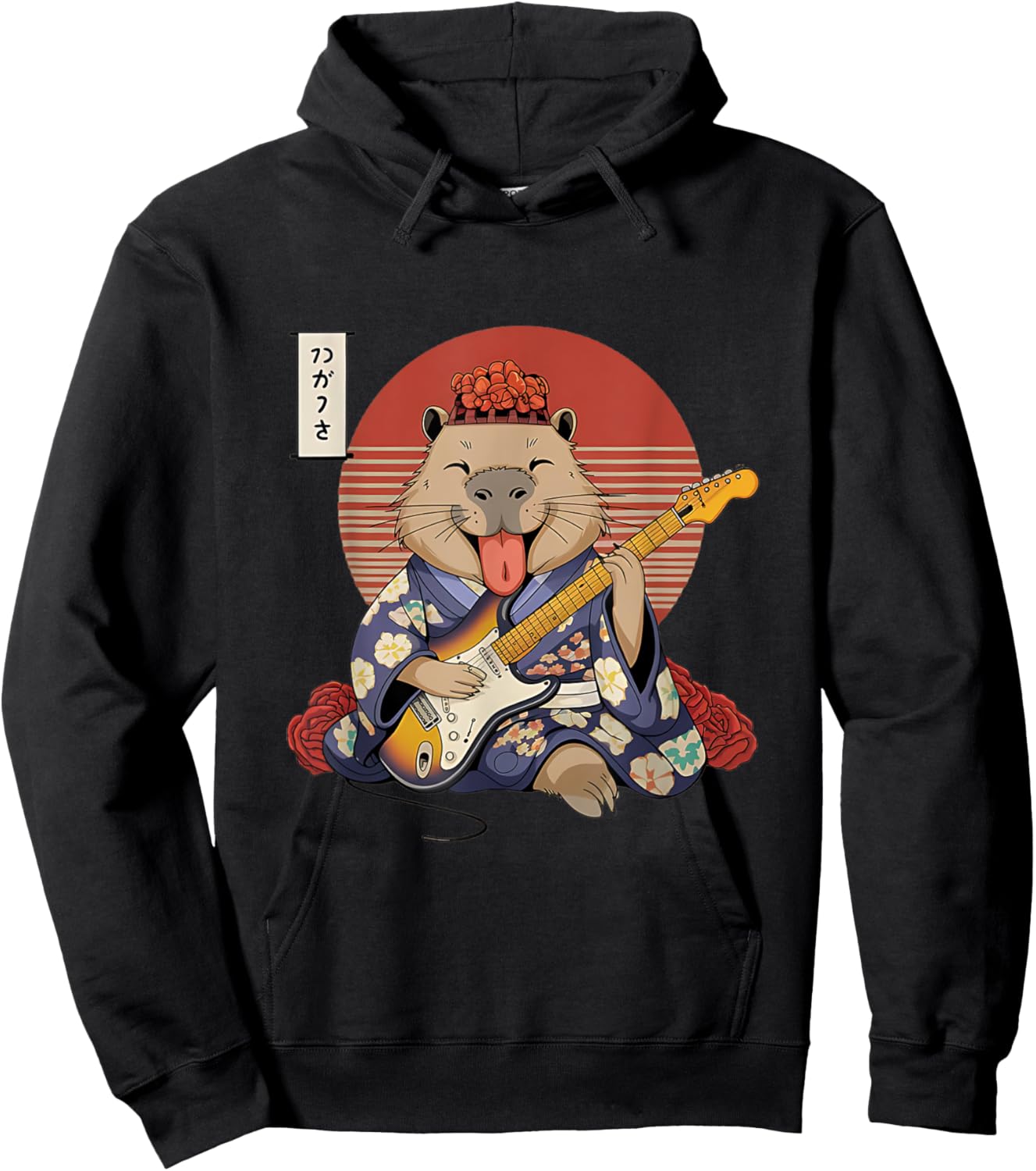 Japanese Samurai Capybara Guitar Kawaii Kimono Manga Hoodie - Hoodie | Black
