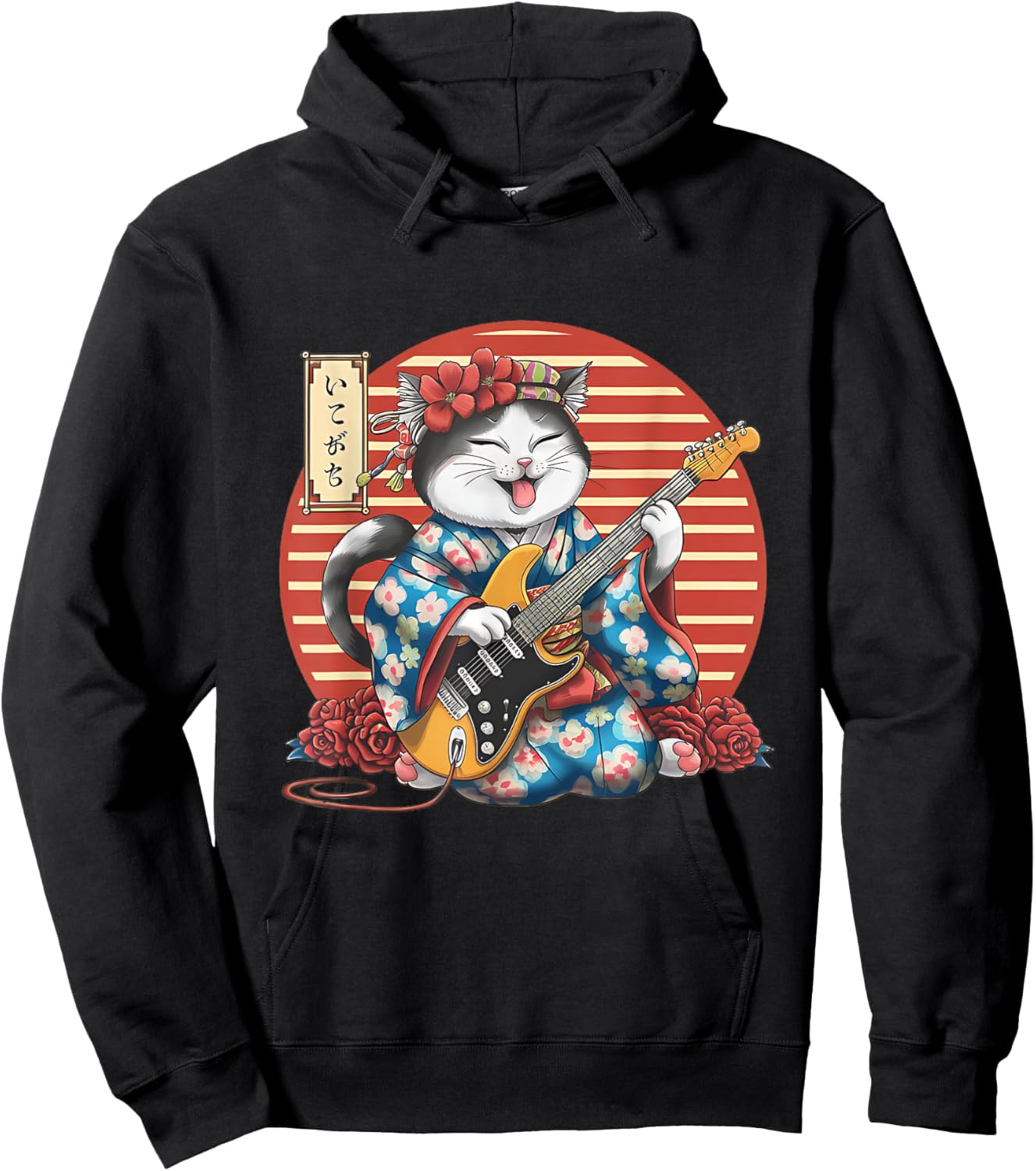 Japanese Samurai Cat Guitar Kawaii Kimono Manga Hoodie - Hoodie | Black