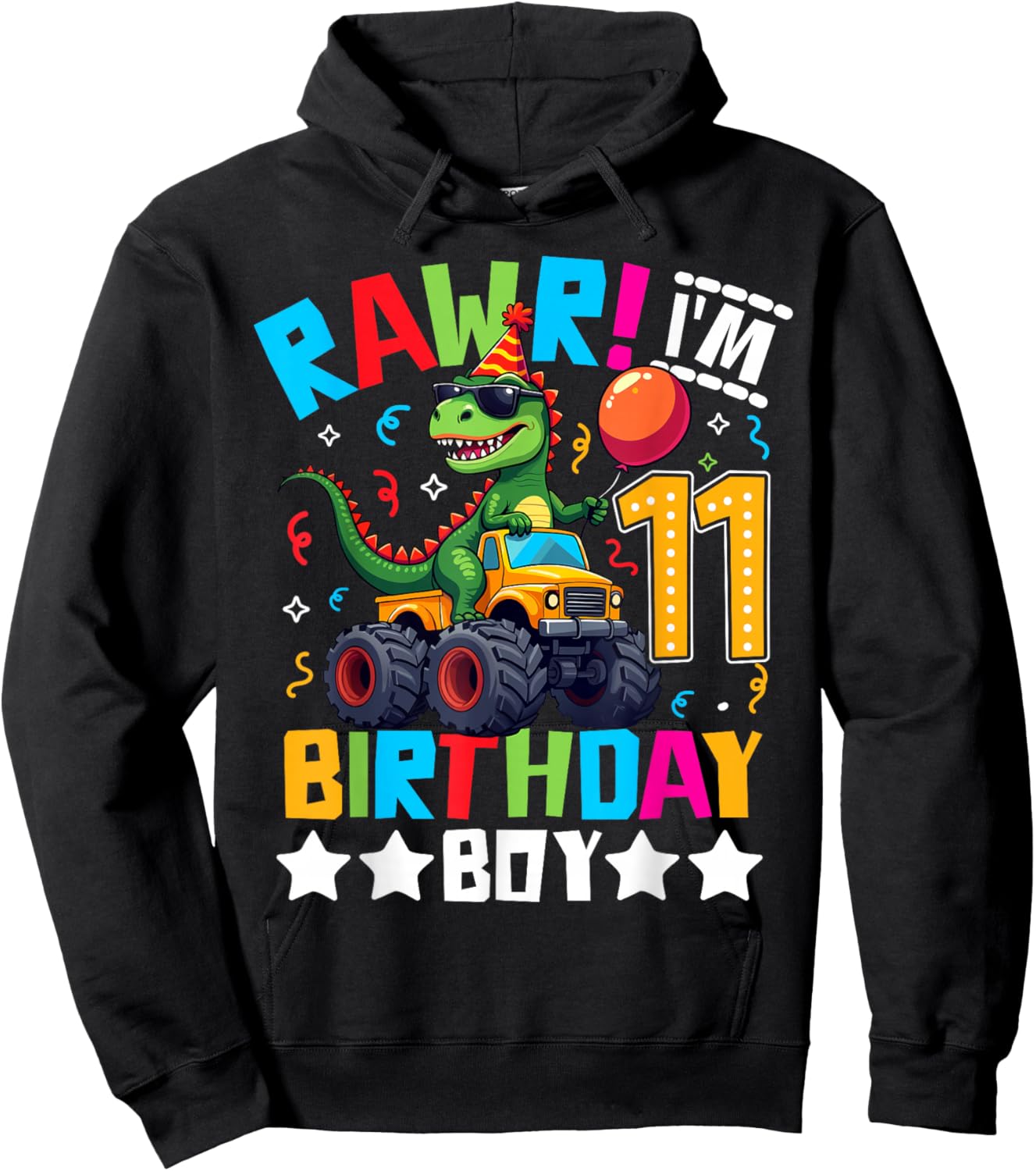 Monster Truck 11th Birthday Shirt Dinosaur Happy Bday T-rex Hoodie - Hoodie | Black