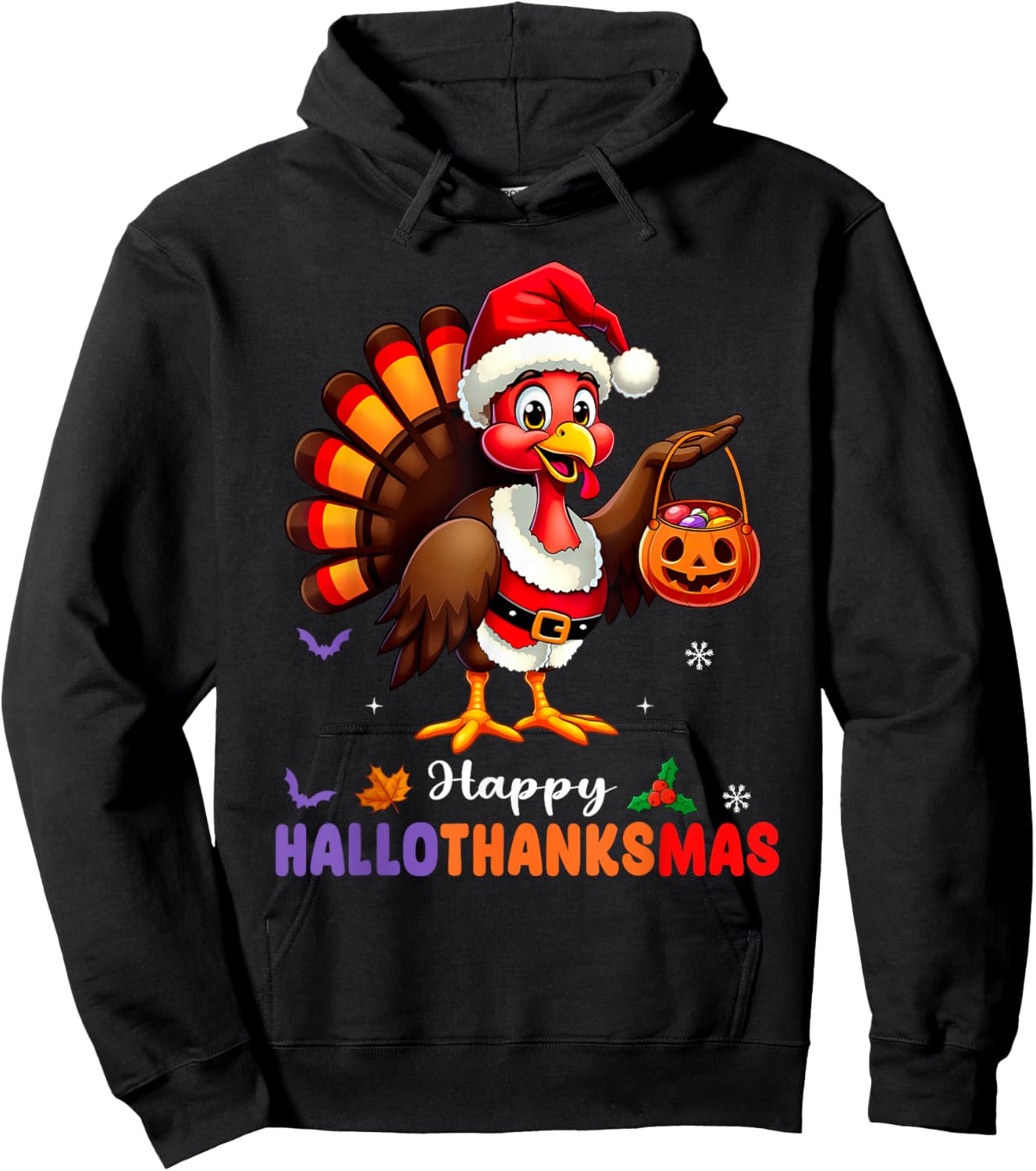 Happy Hallothanksmas Shirt Halloween Thanksgiving Christmas Hoodie - Hoodie | Black