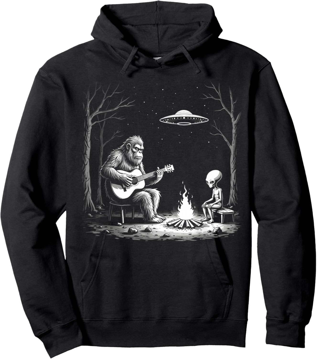 Bigfoot Guitar Campfire Alien Ufo Camping Sasquatch Hoodie - Hoodie | Black