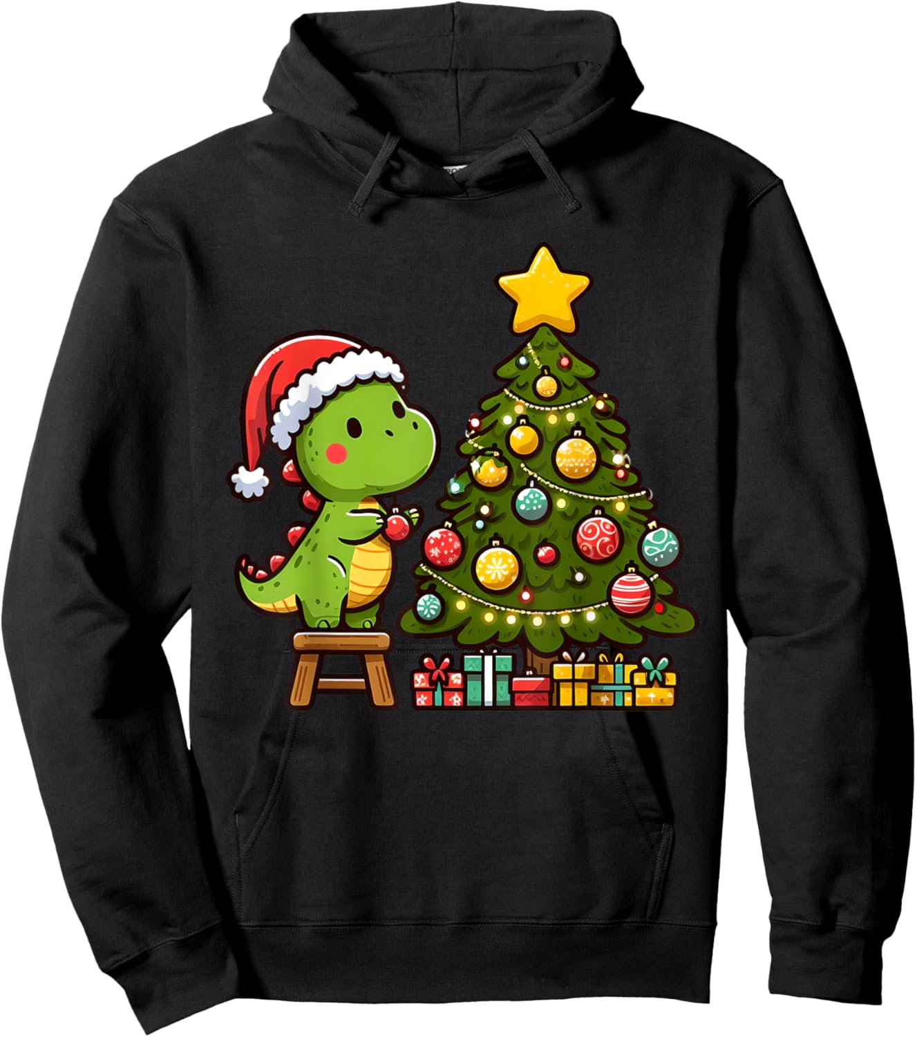 Cute T Rex Dinosaur Decorating Christmas Tree Xmas Holiday Hoodie - Hoodie | Black