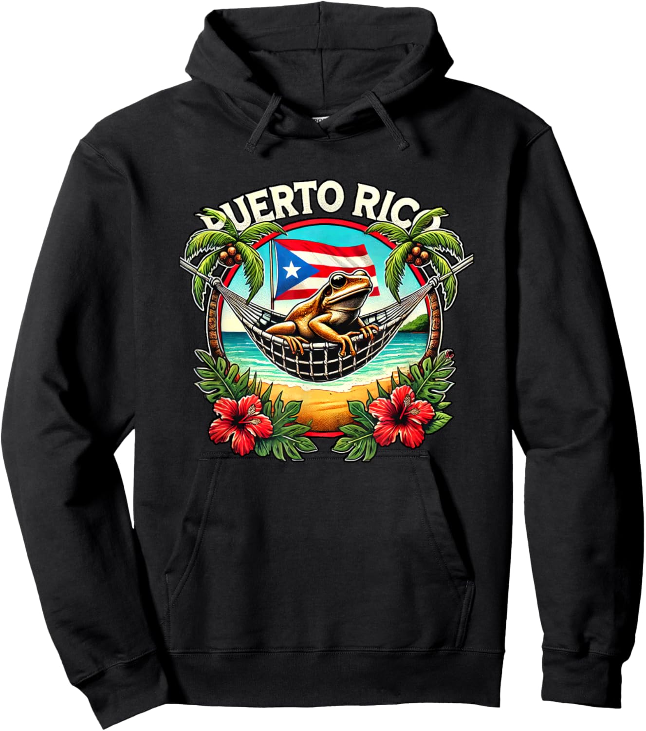 Puerto Rico Vacation Coqui Hammock Palm Trees Flowers Beach Hoodie - Hoodie | Black