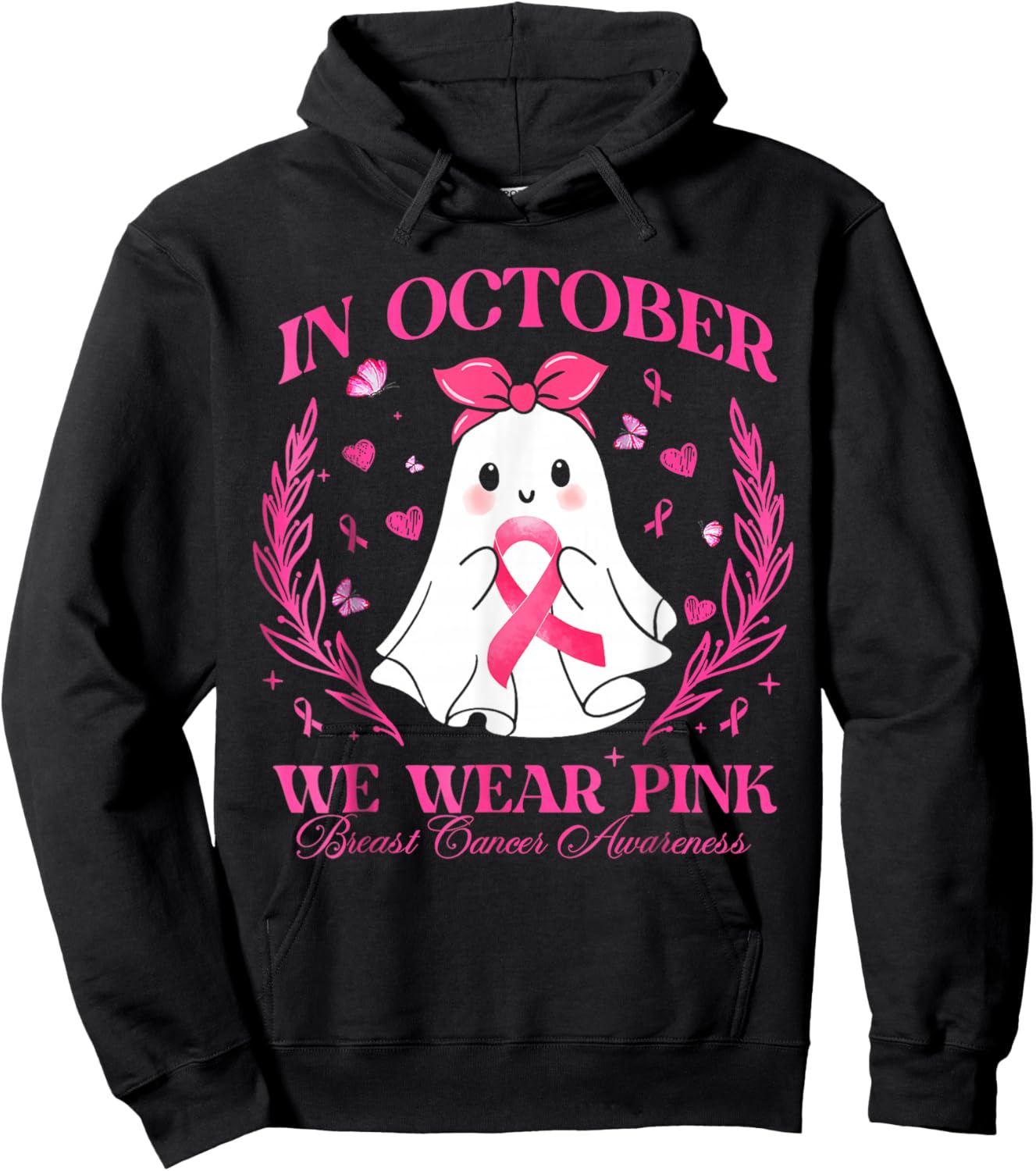 In October We Wear Pink Ghost Witch Breast Cancer Awareness Hoodie - Hoodie | Black