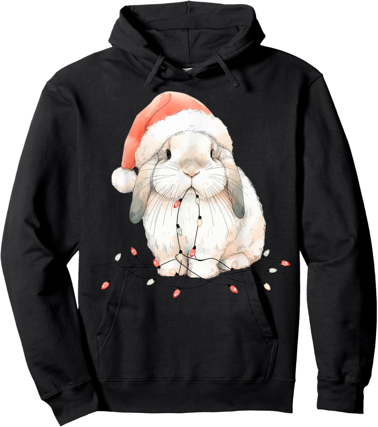 Cute Rabbit Bunny Lop Chew Christmas Light Xmas Watercolor Hoodie - Hoodie | Black
