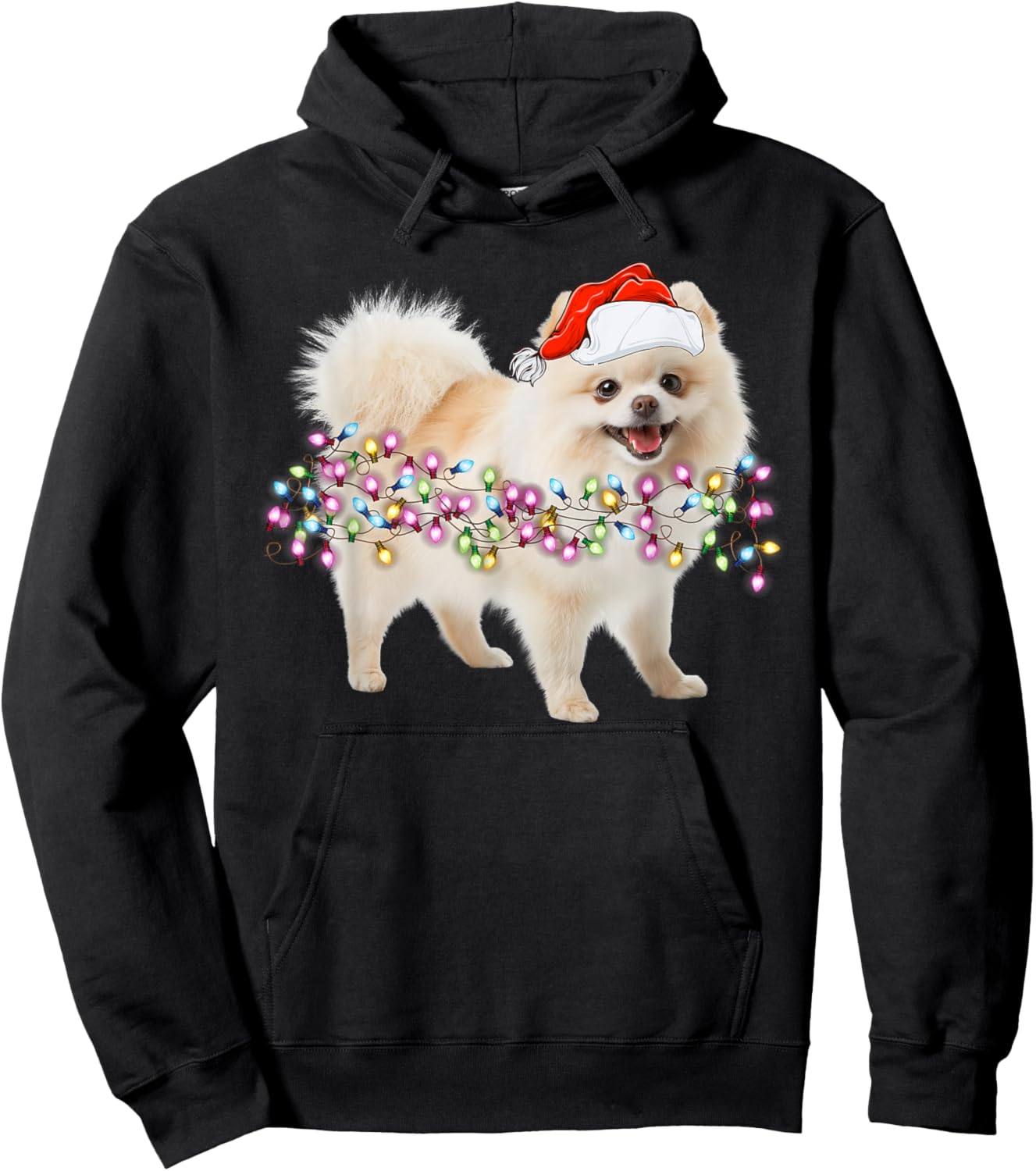 Cute Pomeranian Santa Christmas Tree Lights -Families, Kids, and Cartoon Lovers Black Small Classic Fit Short Sleeve Hoodie - Hoodie | Black