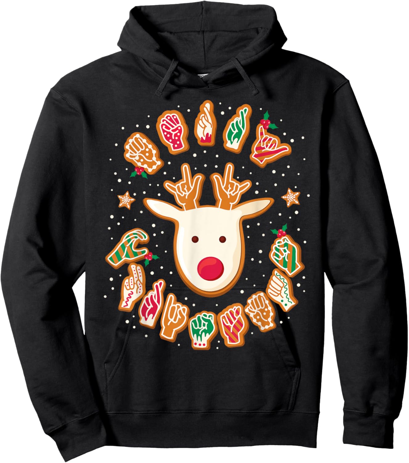 Gingerbread ASL Deaf Signing ASL Christmas - -Adults, -Kids - Black - Small - Short Sleeve - Modern Festive Casual - Reindeer, Gingerbread Hands - Christmas Hoodie - Hoodie | Black