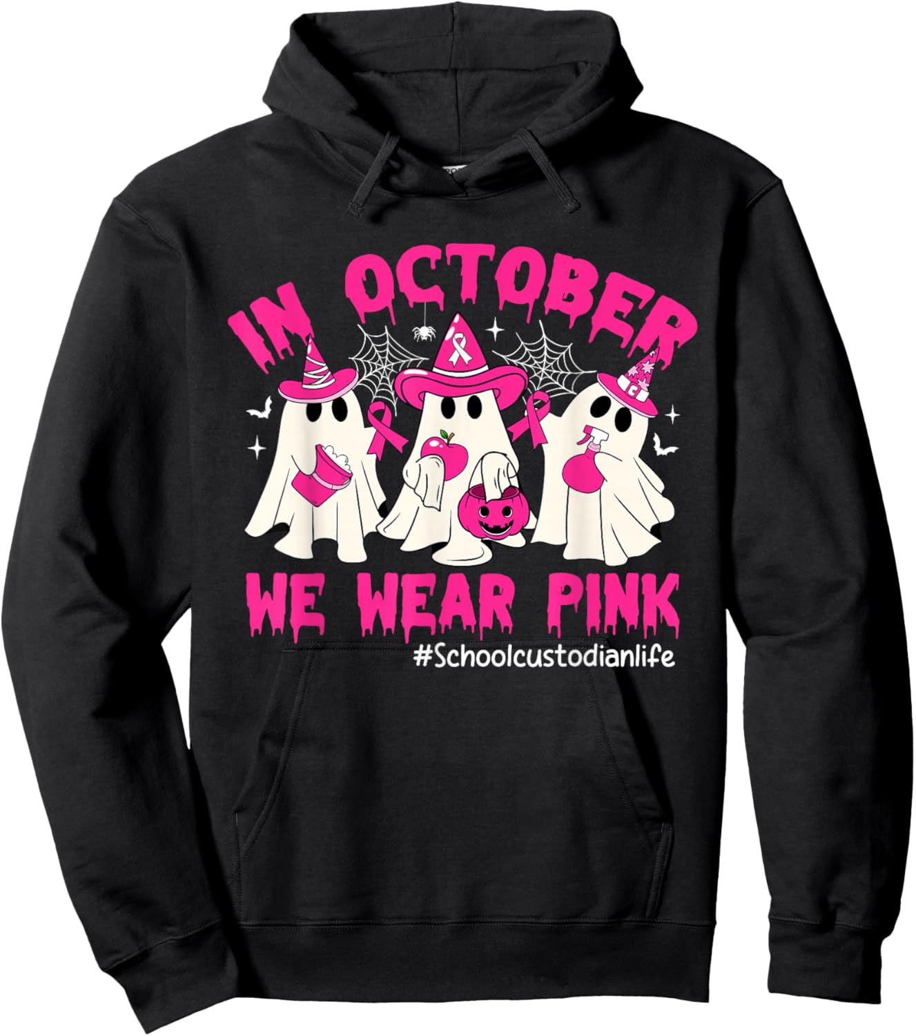 In October We Wear Pink School Custodian Life Breast Cancer Hoodie - Hoodie | Black