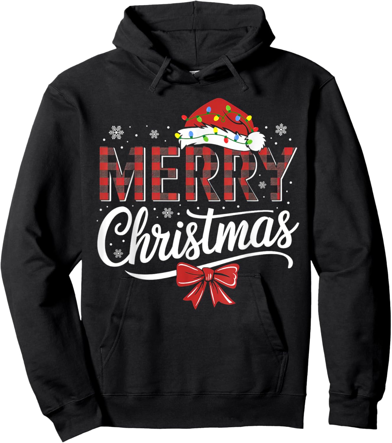 Merry Christmas Buffalo Plaid Red Santa Hat Xmas Pajamas Hoodie - Hoodie | Black