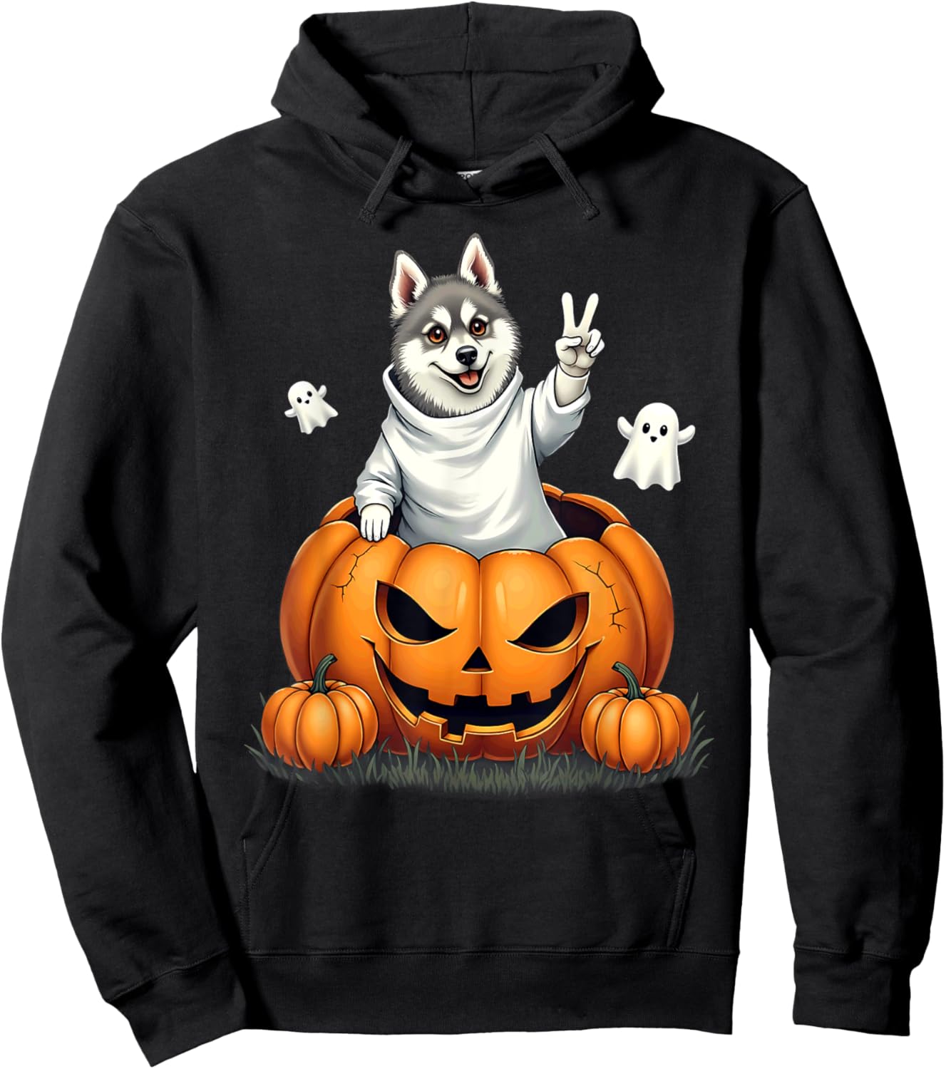 Pumpkin Boo Ghost Alaskan Klee Kai Dog Halloween Costume Hoodie - Hoodie | Black