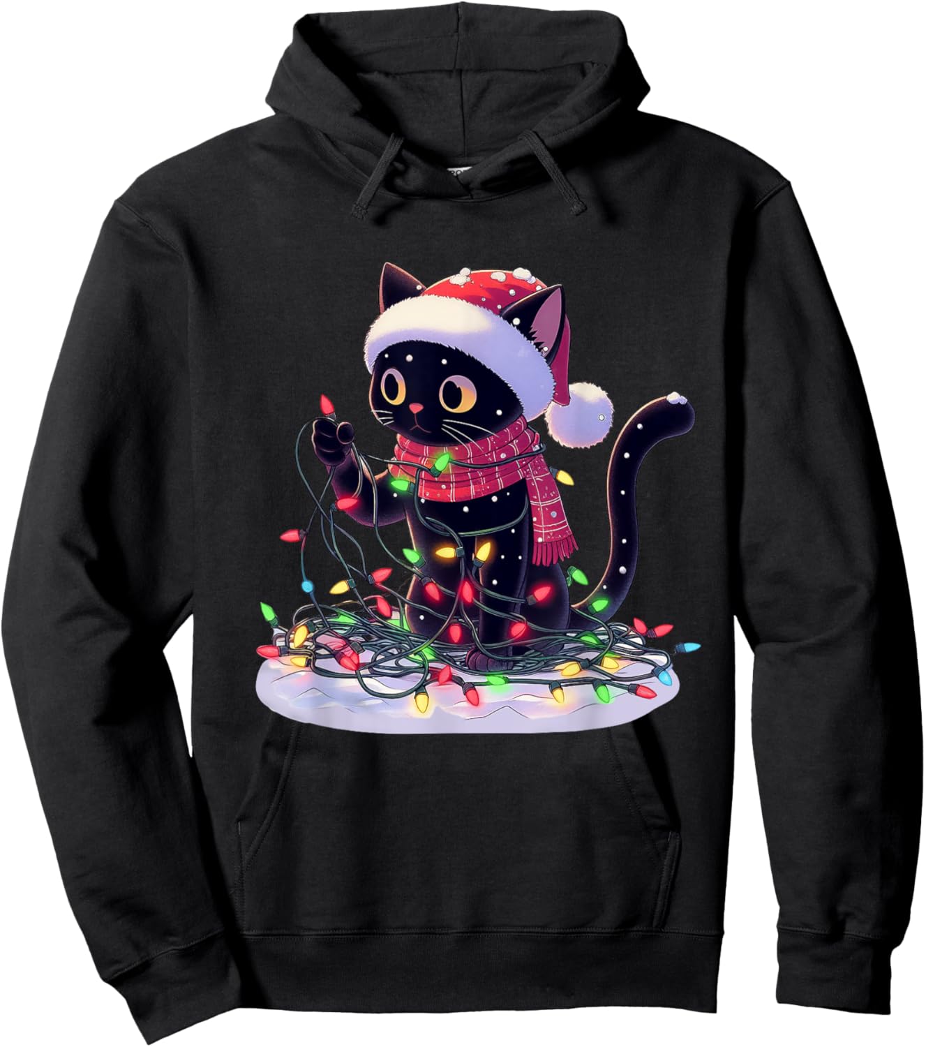 Black Cat Santa Tangled Up In Christmas Tree Lights Holiday Hoodie - Hoodie | Black