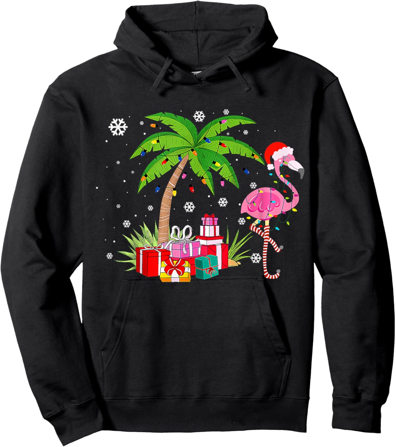 Pink Flamingo Christmas Palm Tree Tropical Xmas Funny Hoodie - Hoodie | Black