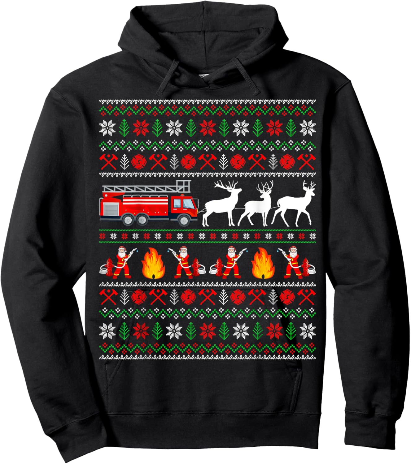 Fire Truck Reindeer Santa Ugly Sweater Firefighter Christmas Hoodie - Hoodie | Black