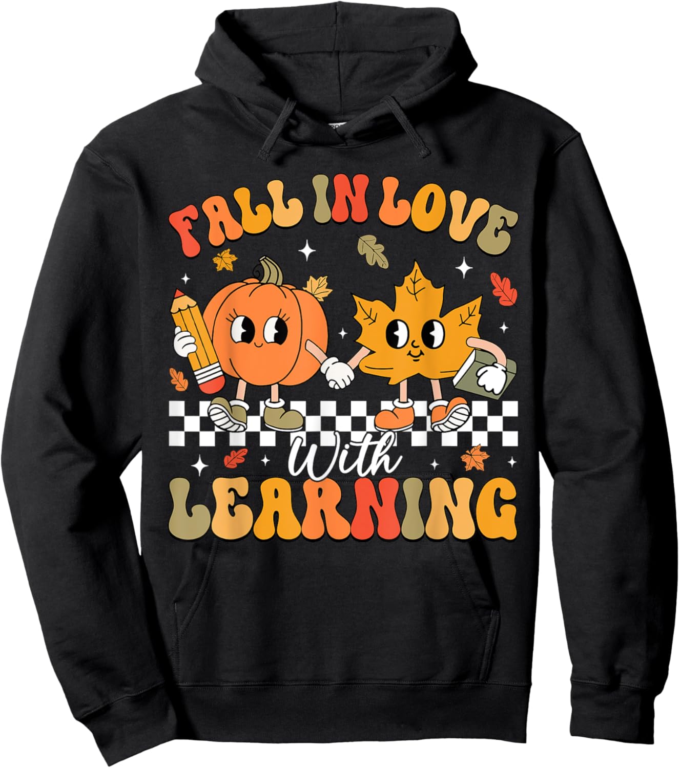Retro Fall In Love With Learning Autumn Pumpkin Teacher Hoodie - Hoodie | Black