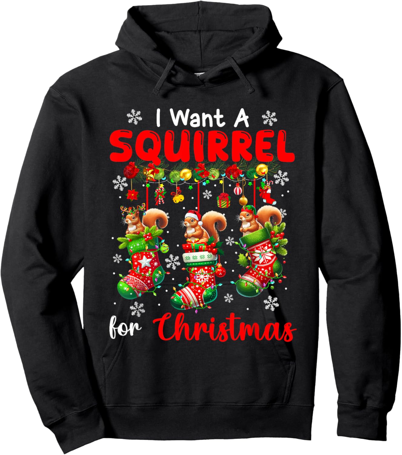 I Want A Squirrel For Christmas Three Santa Rodents In Socks Hoodie - Hoodie | Black