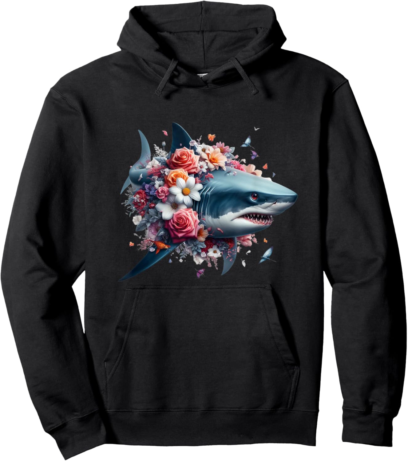 Floral Shark Shark Lover Shark Enthusiast Shark Hoodie - Hoodie | Black