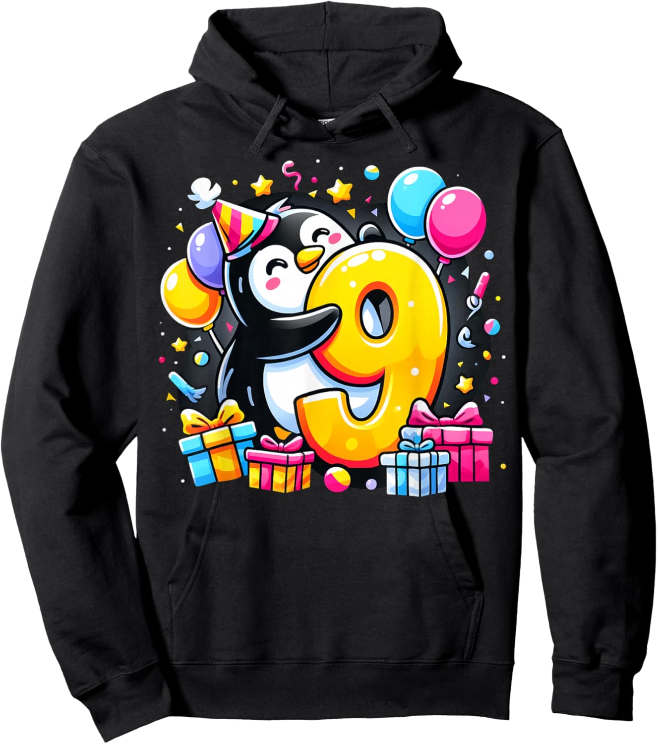 Kids Penguin Theme ninth Bday Party 9th Penguin Birthday Hoodie - Hoodie | Black