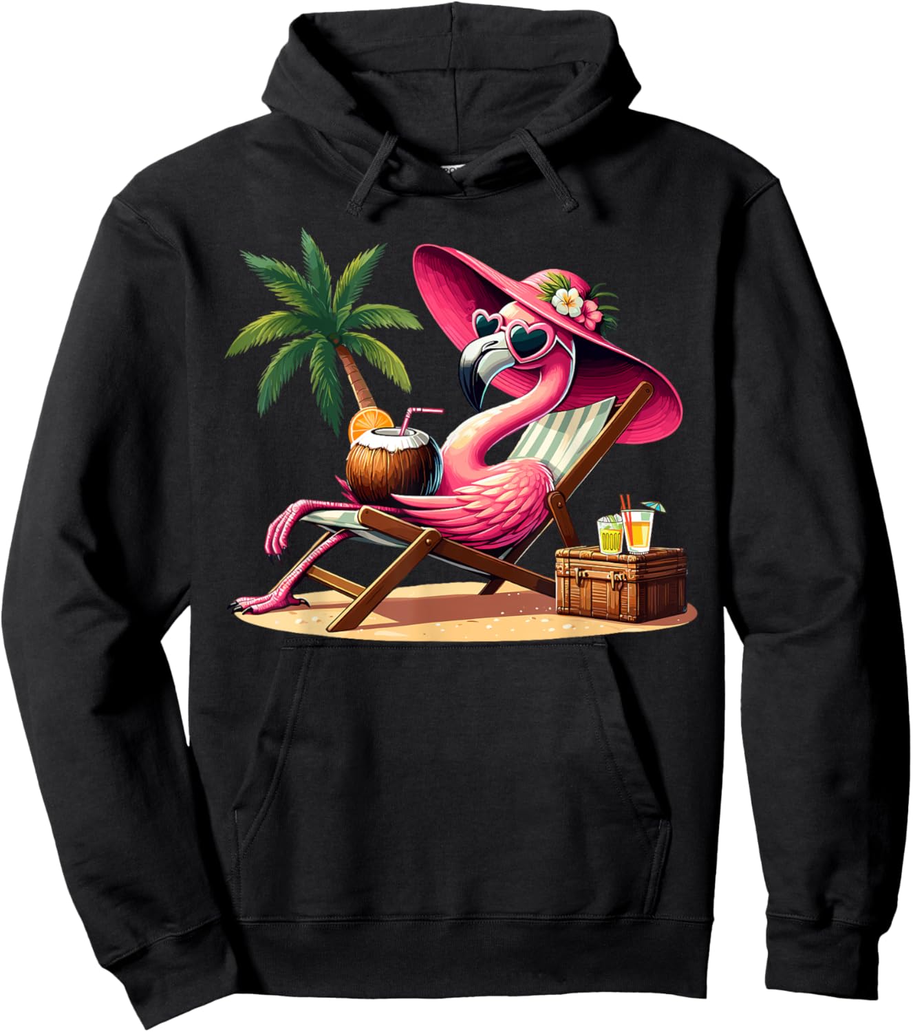 Pink Flamingo Summer Vibes Beach Palm Tree Summer Vacation Hoodie - Hoodie | Black
