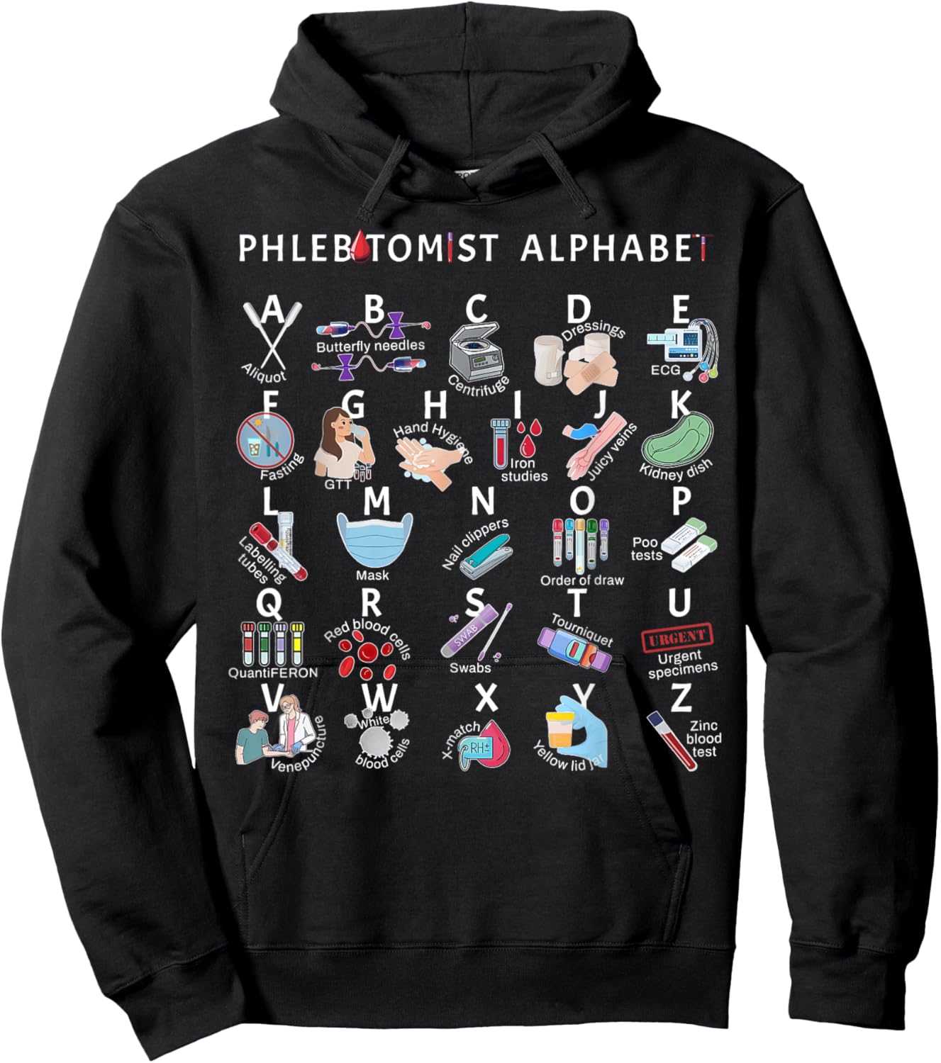 Phlebotomy Nurse Phlebotomist Alphabet Outfit -Adults Black Small Modern Letter Print Hoodie - Hoodie | Black