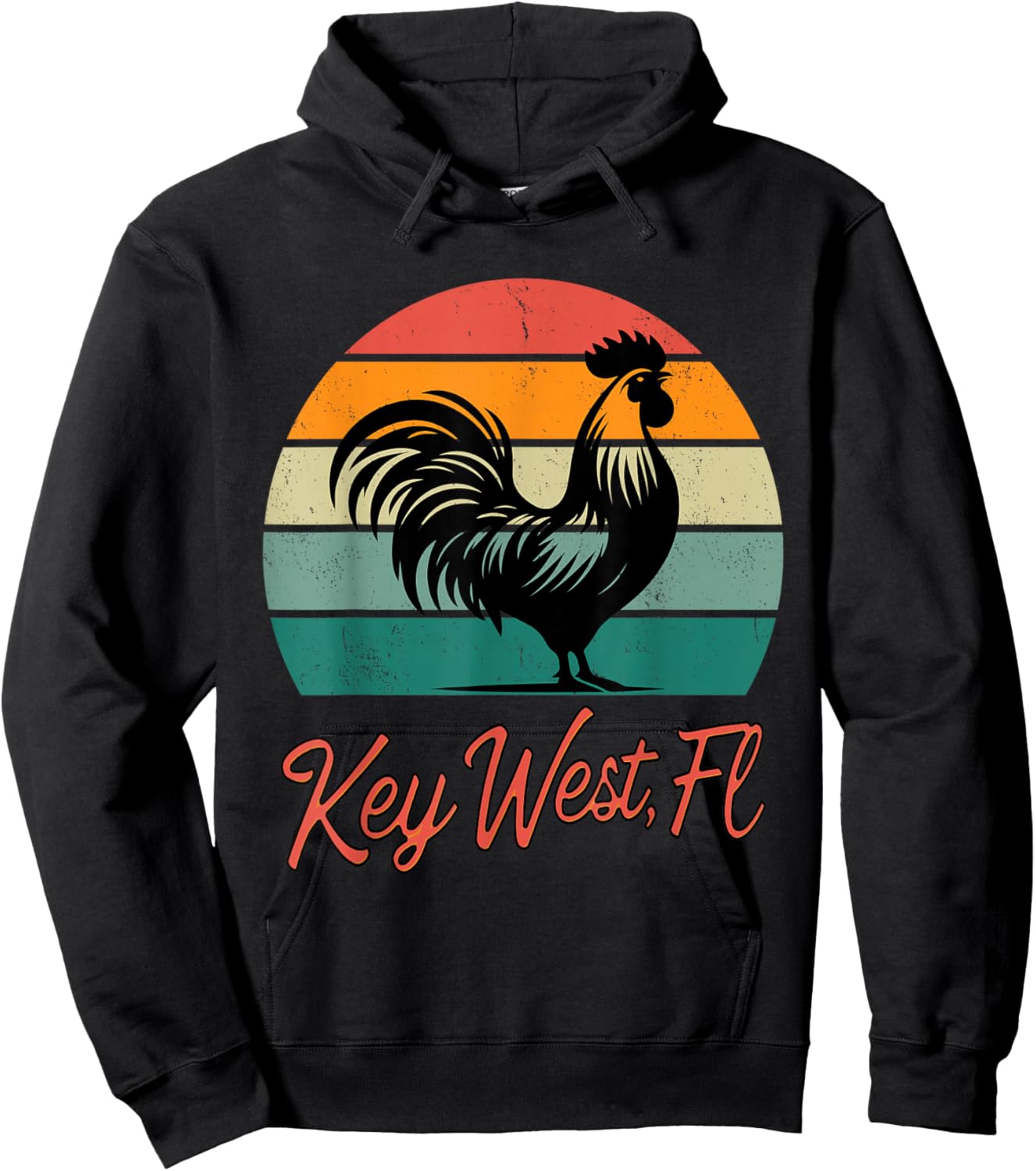 Key West Florida rooster chicken with retro sunset Hoodie - Hoodie | Black