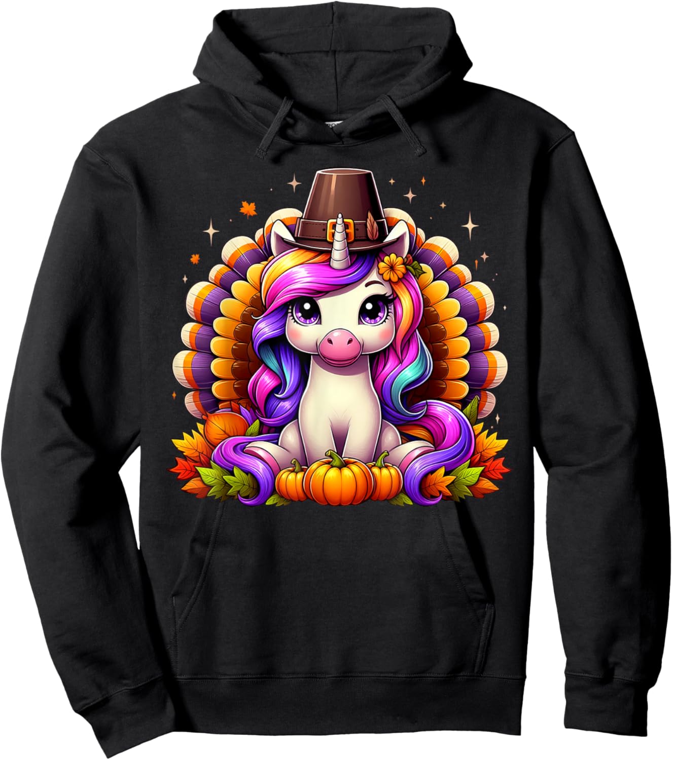 Happy Thanksgiving Toddler Turkey Cute Unicorn Girls Kids Hoodie - Hoodie | Black