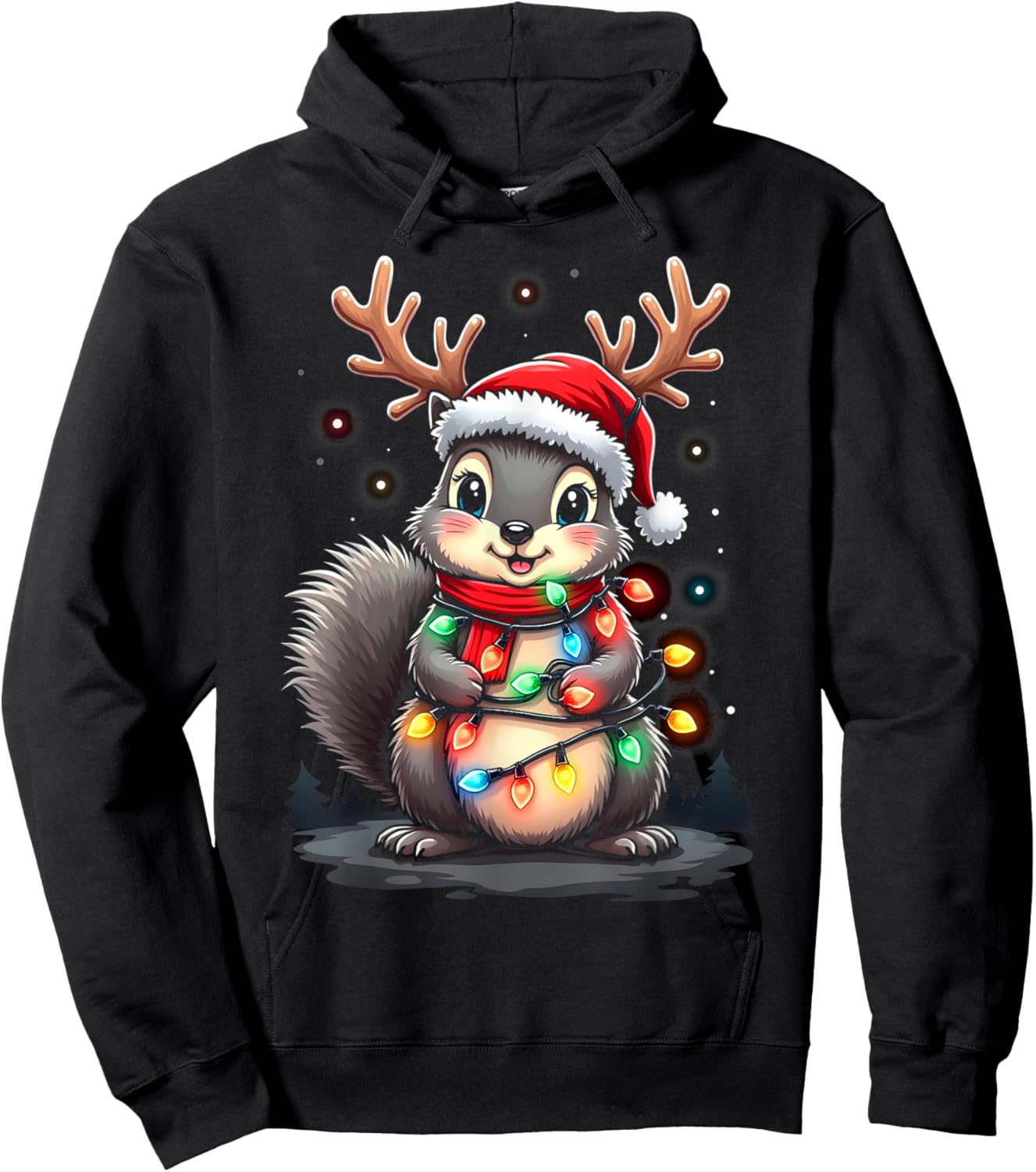 Squirrel Christmas 2024 With Lights & Holiday Xmas Men Women Hoodie - Hoodie | Black