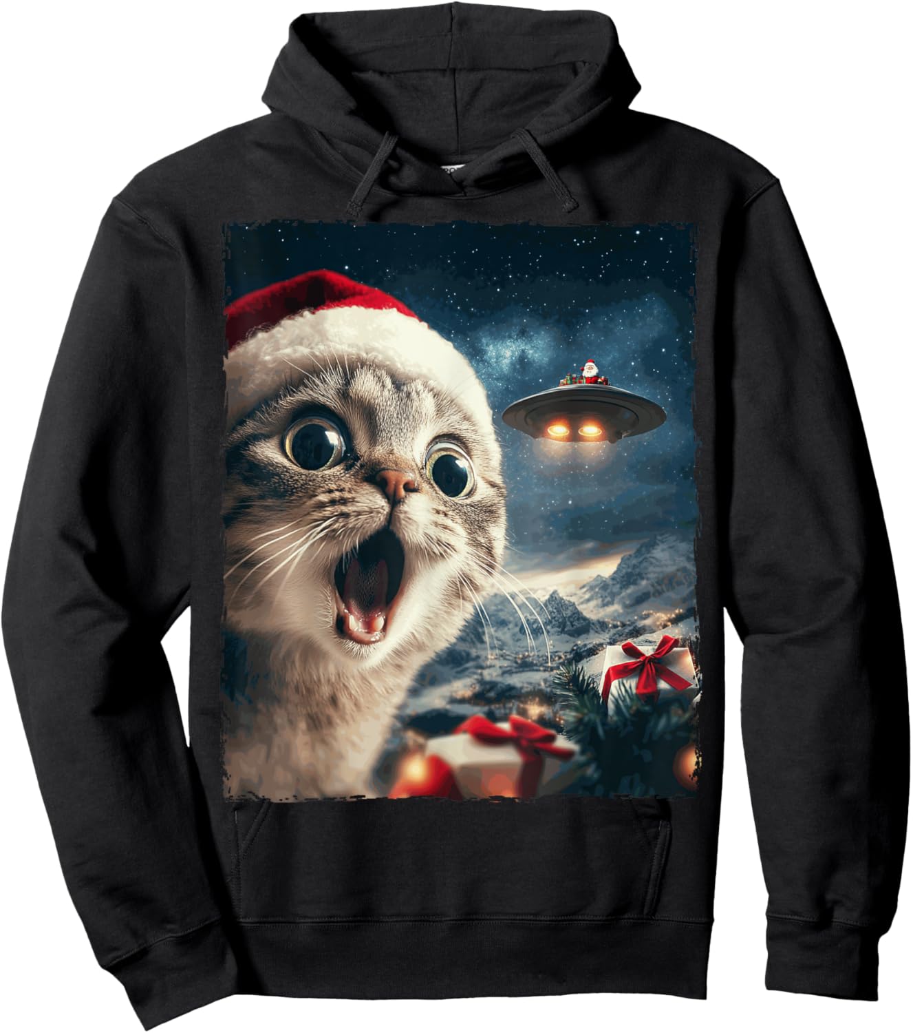 Funny Cat Selfie Santa Ufo Xmas Christmas Men Women Kids Hoodie - Hoodie | Black