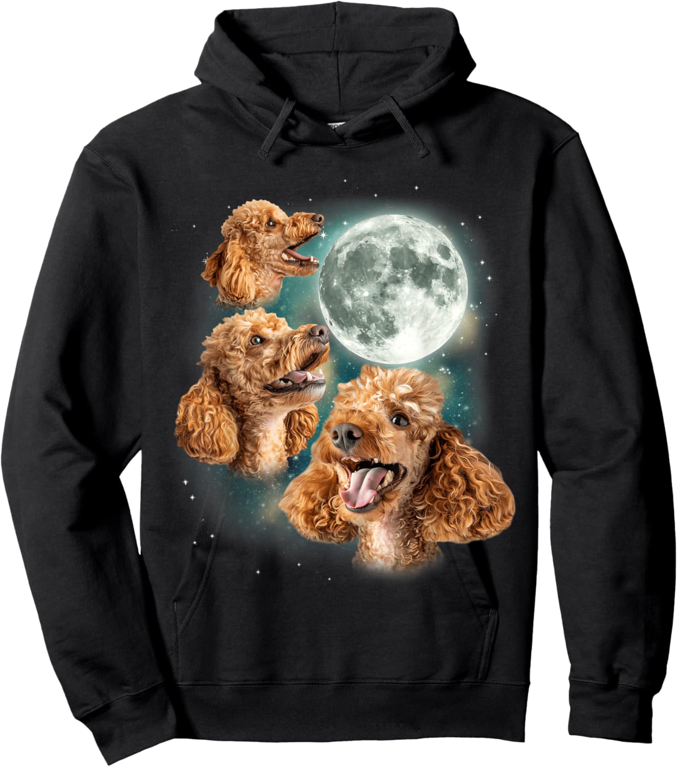 Three Poodle Moon | 3 Curly Canines Howling Weird Funny Meme Hoodie - Hoodie | Black