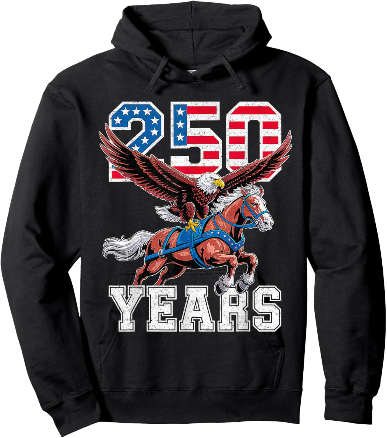 Retro USA 250th Anniversary Bald Eagle and Clydesdale Horse T-Shirt - Hoodie | Black