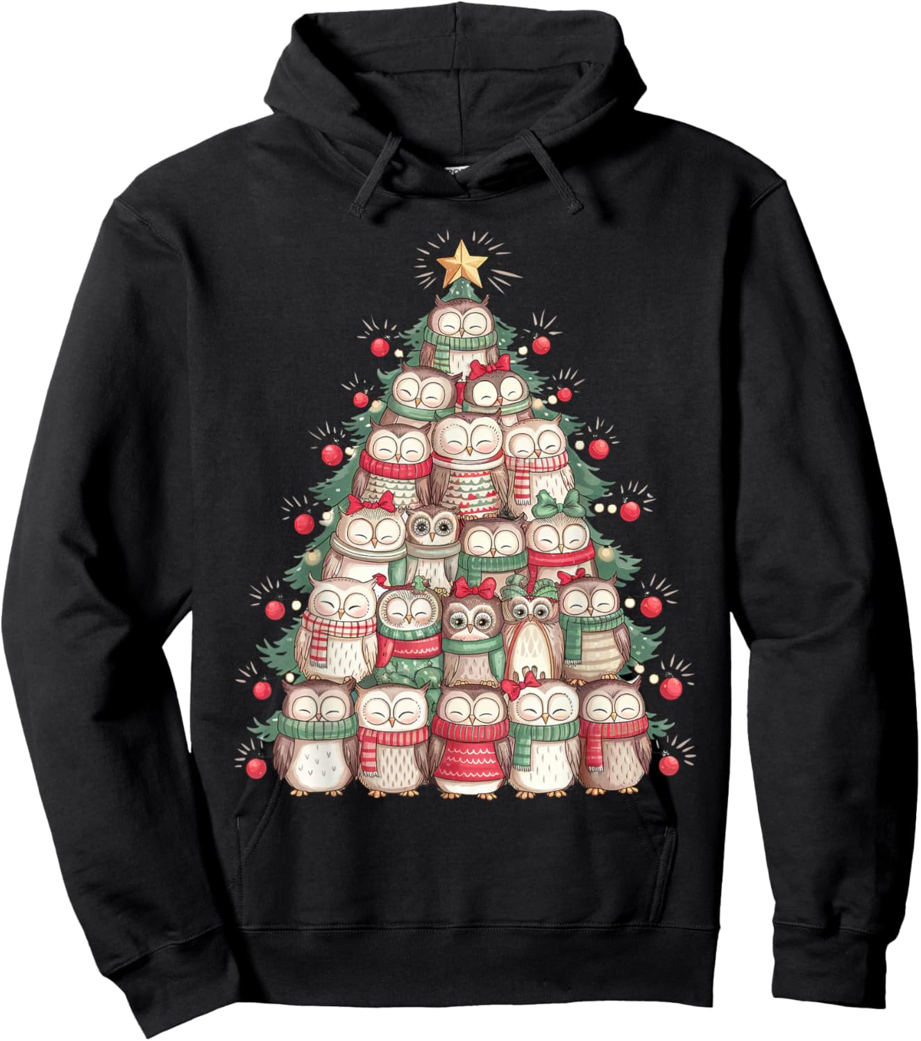 Xmas Holiday Matching Family Christmas Tree Owl Hoodie - Hoodie | Black