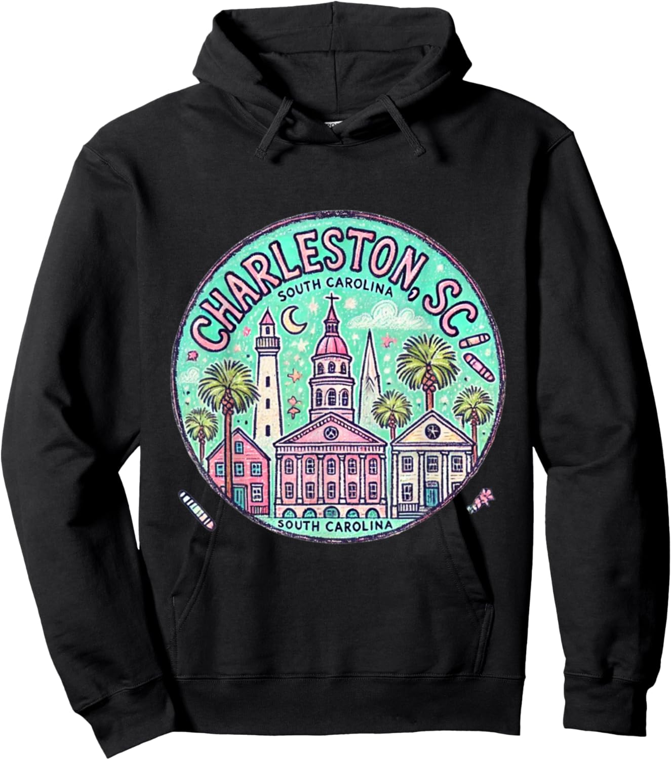 Charleston SC Rainbow Row in pastels trendy Hoodie - Hoodie | Black