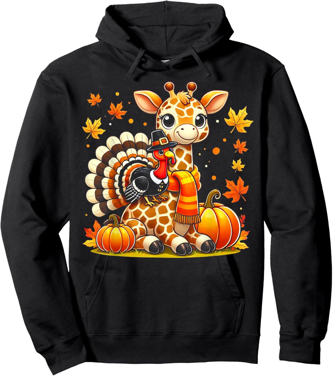 Thanksgiving Turkey Riding Giraffe With Fall Pumpkins Hoodie - Hoodie | Black