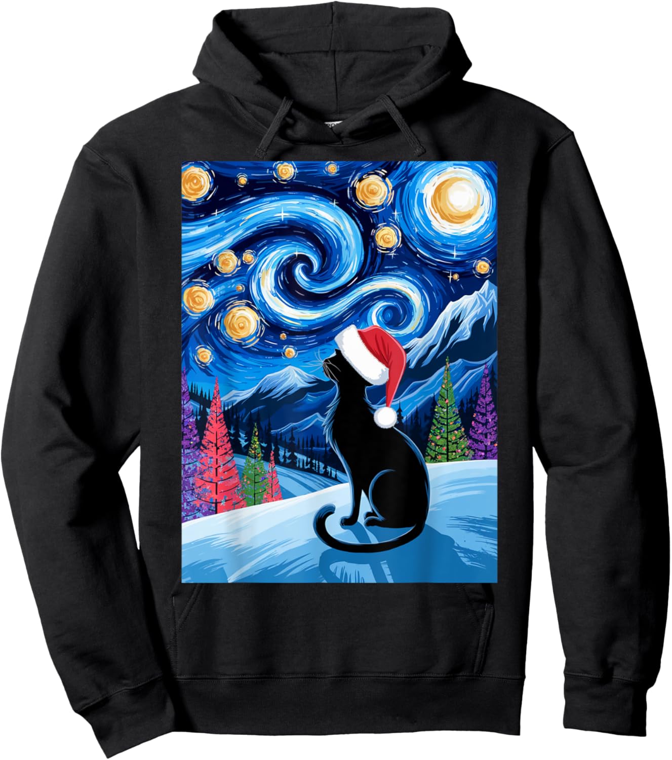Van Gogh Christmas Cat Starry Night Black Cat Fans Santa Hat Hoodie - Hoodie | Black