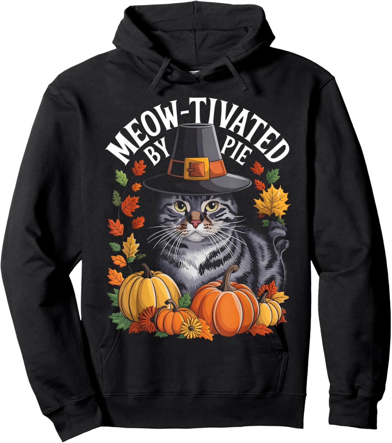 Thanksgiving Pilgrim Cat Lover Meow-tivated Hoodie - Hoodie | Black