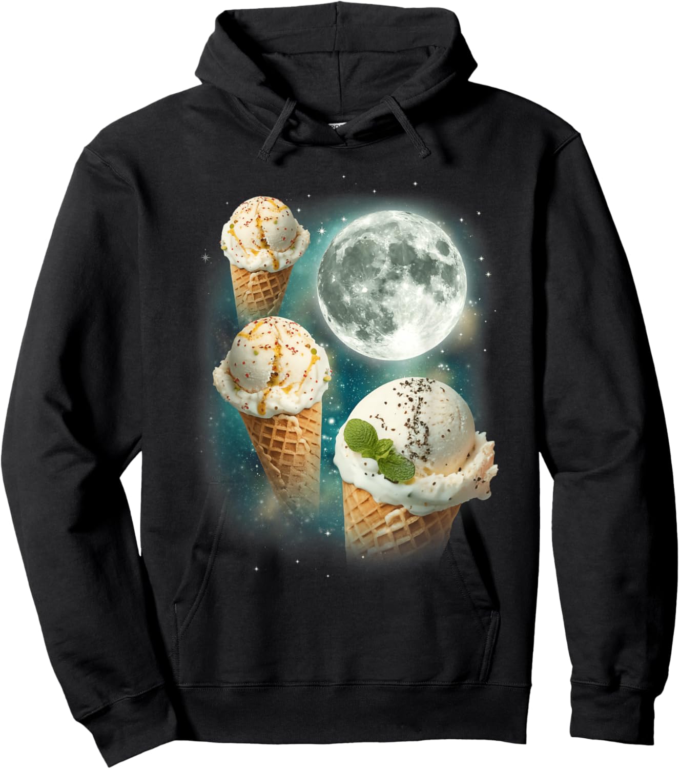 Three Ice-Creams Moon | 3 Scoops Magical Sweet Cold Treat Hoodie - Hoodie | Black