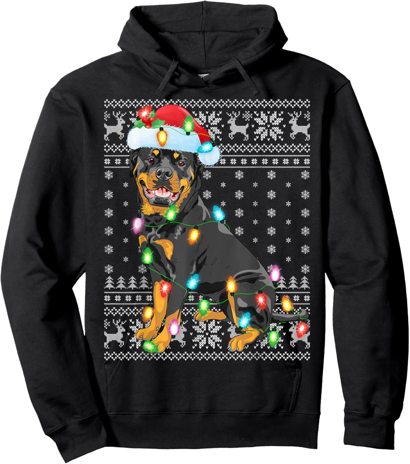 Ugly Sweater Xmas Lights Santa Hat Rottweiler Dog Christmas Hoodie - Hoodie | Black