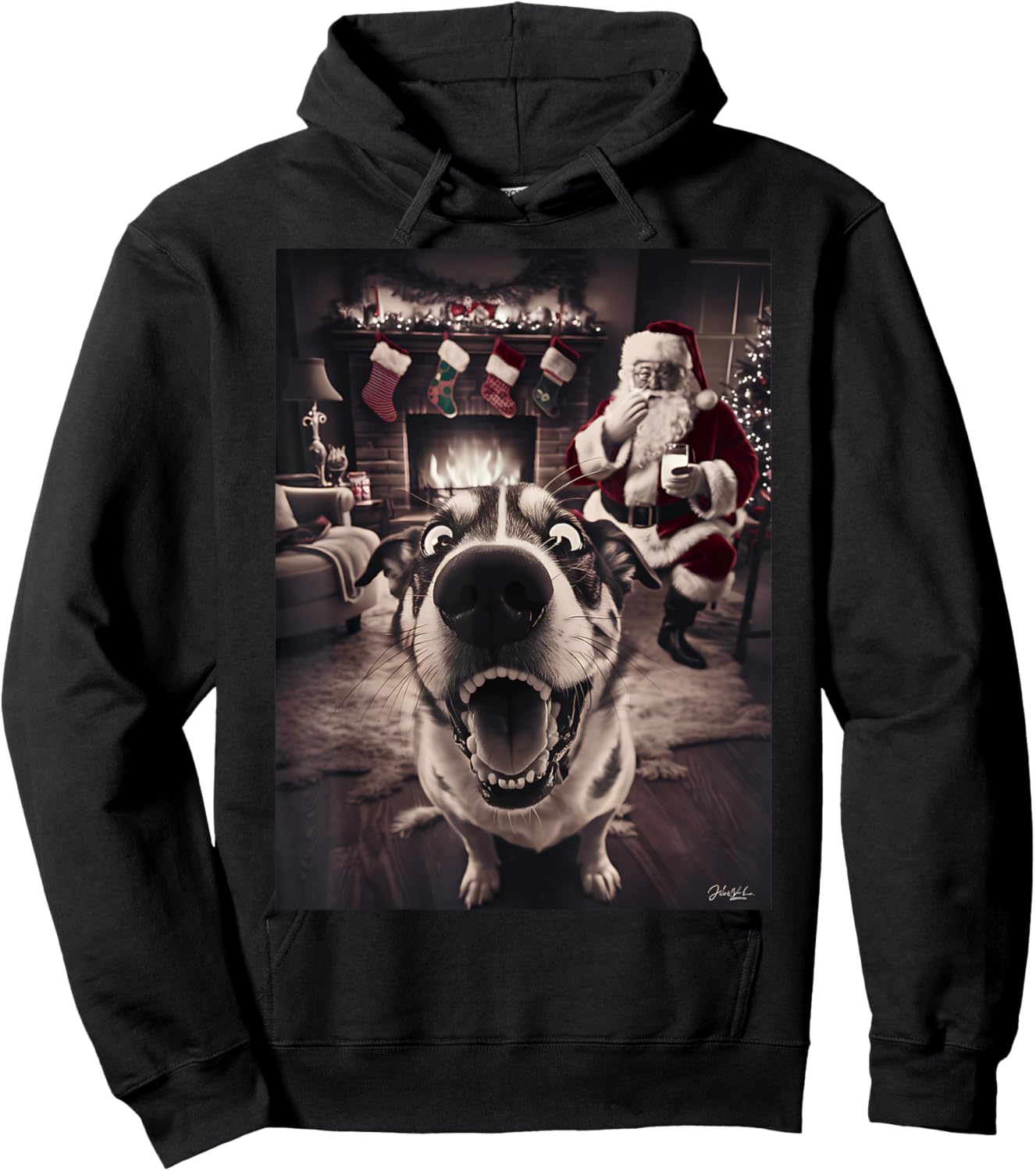 Funny Dog Selfie With Santa Xmas Christmas Women Girls Kids Hoodie - Hoodie | Black